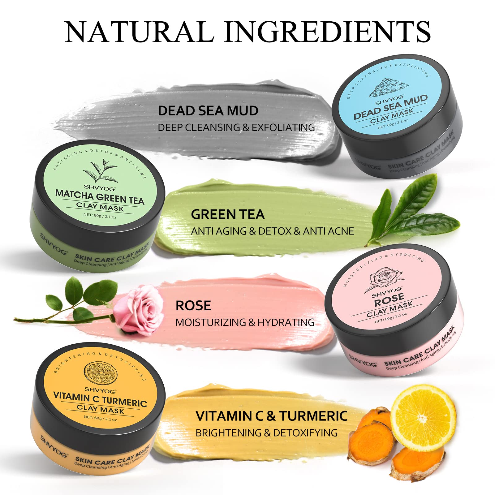 SHVYOG 4Pcs Face Mask Set - Turmeric Clay Mask, Vitamin C, Green Tea, Rose, Dead Sea Mud Mask, Skin Care Mask for Deep Cleansing, Refining Pores, Valentine's Day Gifts for Women- 240g