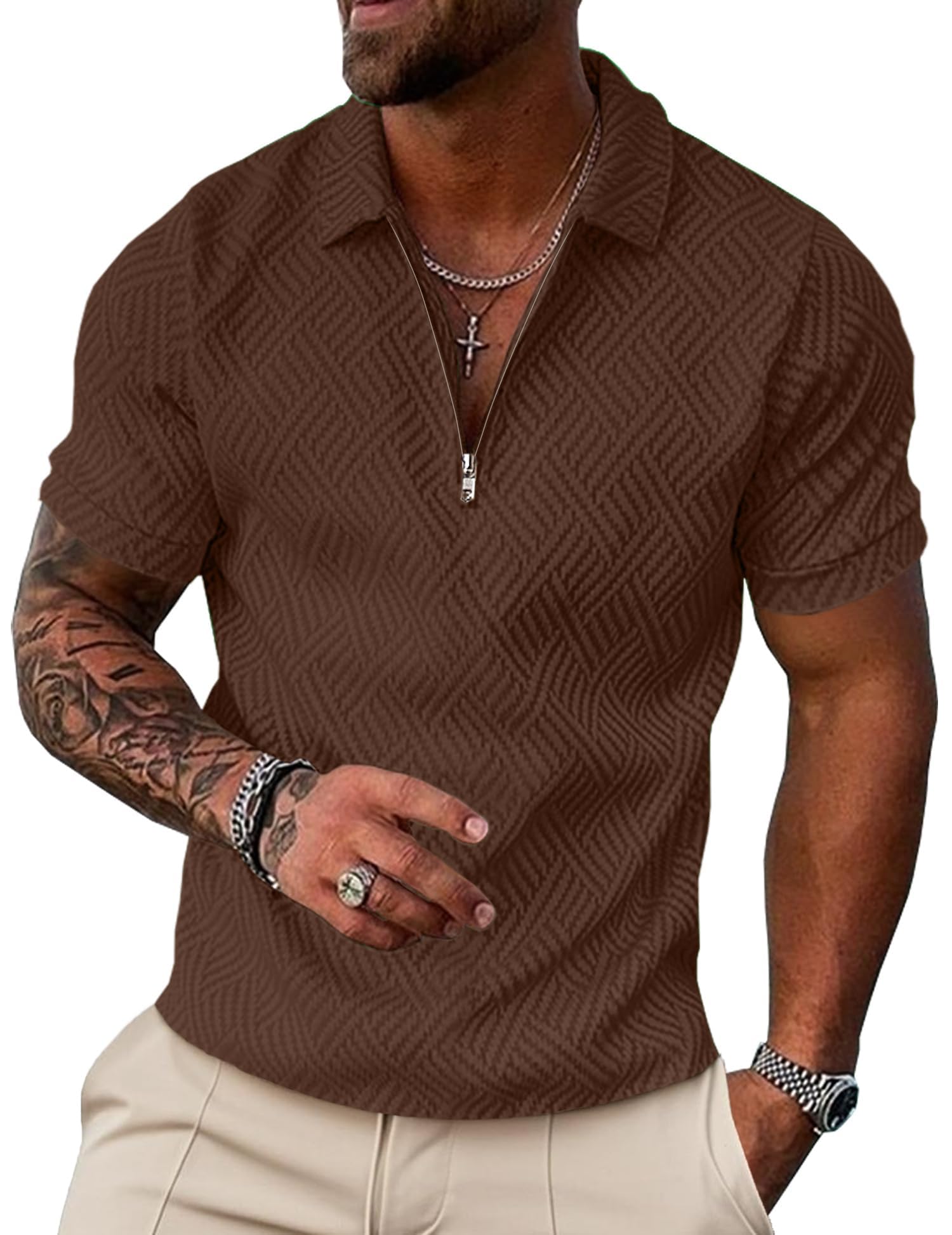 UOUA Men's Zipper Polo Shirts Short Sleeve Sweatshirts Soild Color Tops Striped Texture Casual Golf T