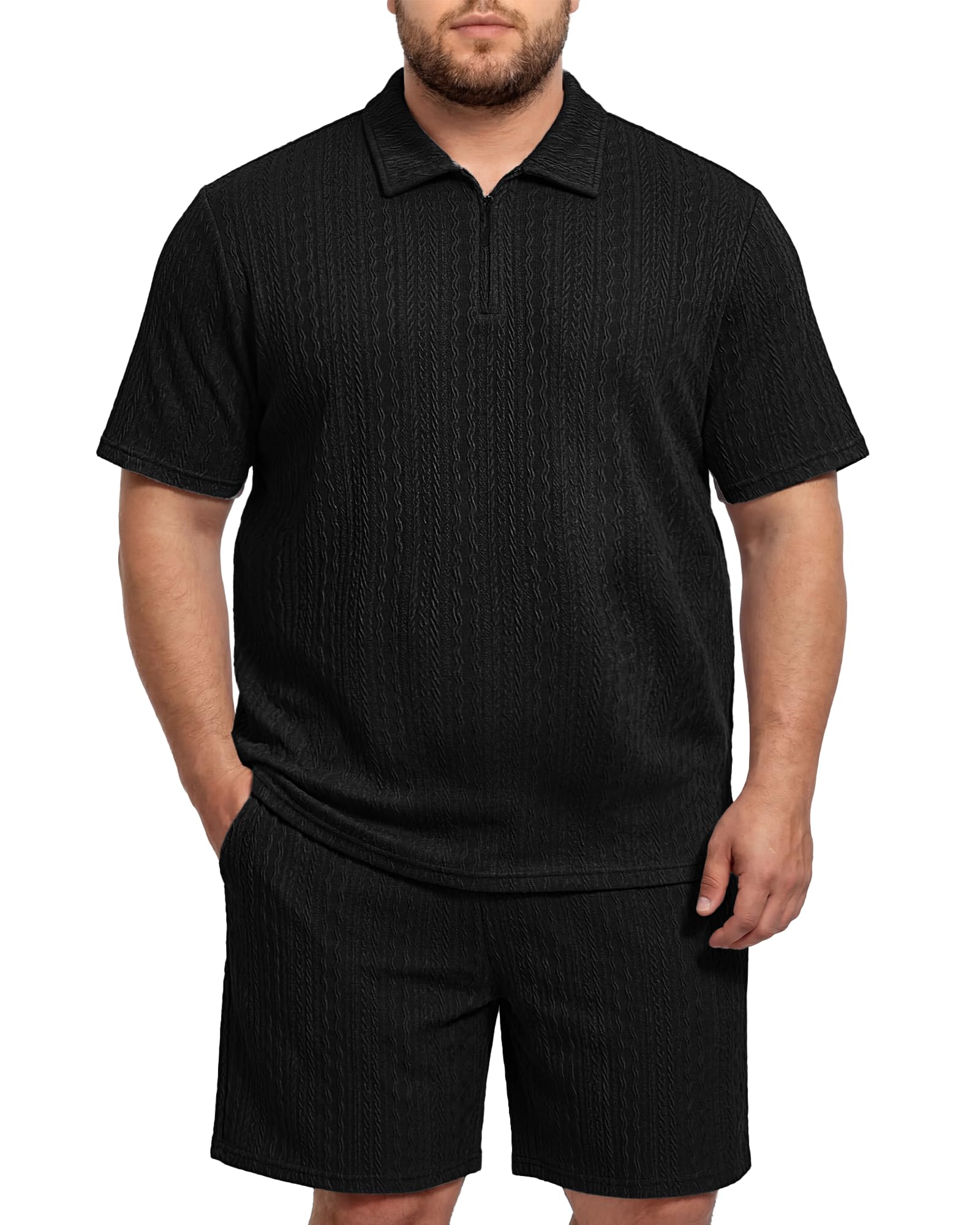 Sovneazy Big and Tall 2 Piece Outfits for Men Polo Shirt and Short Sets Quarter Zip Textured Summer Clothes, Black 2XL
