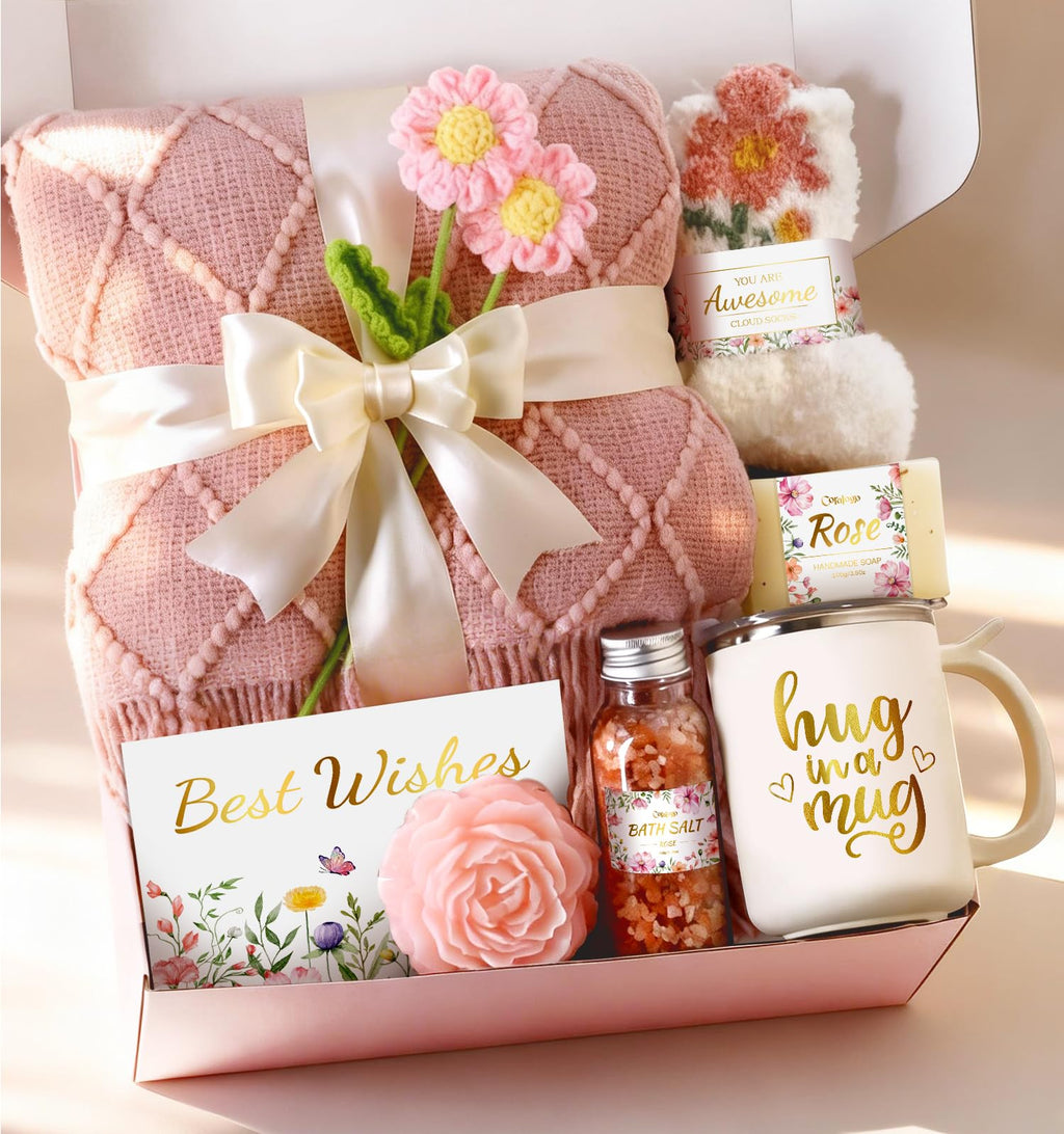 Coralogo Gift Basket for Women - Unique Birthday Gifts for Women Valentines Mothers Day Gift Basket for Self Care with Luxury Plush Blanket