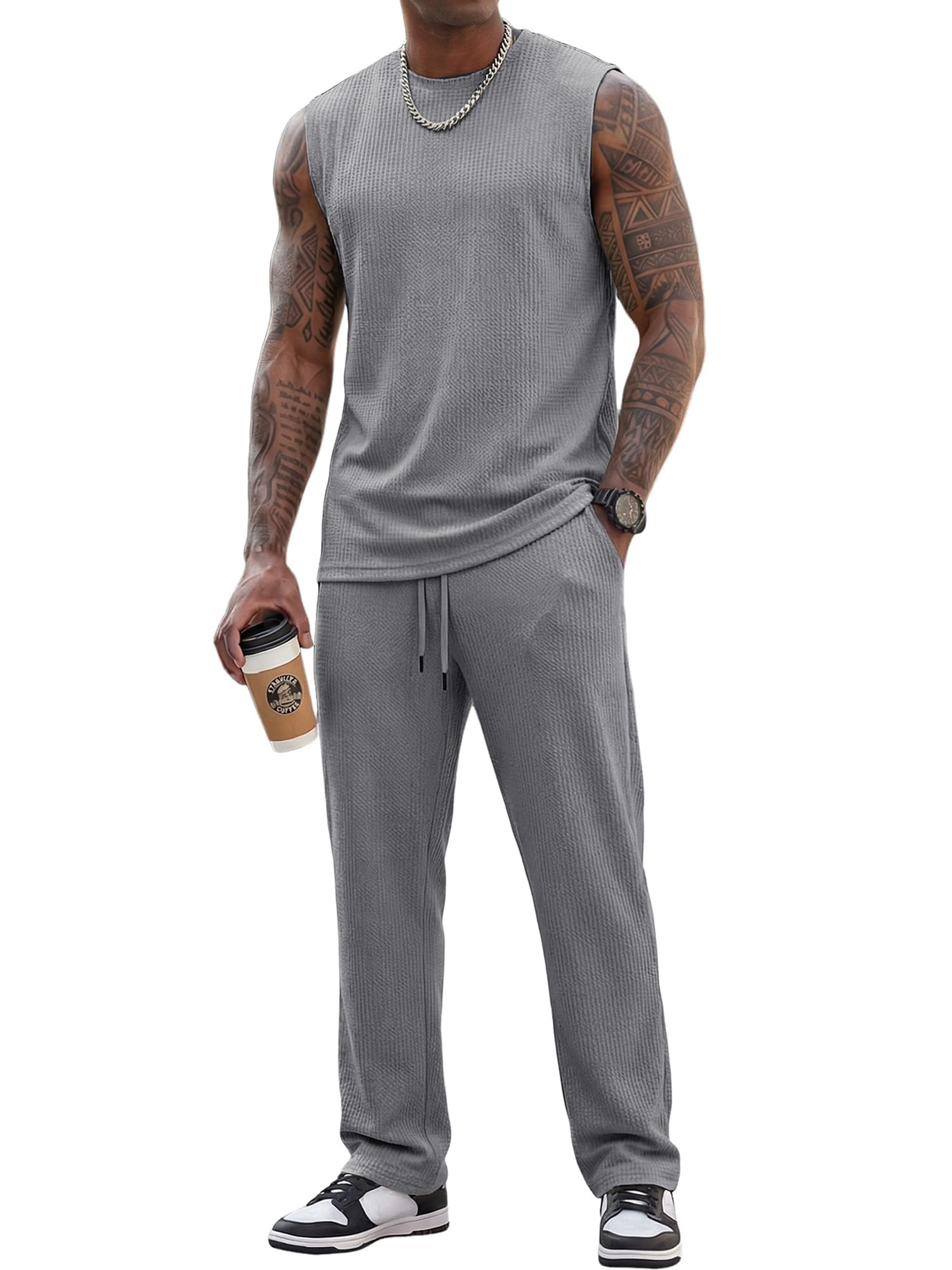 JMIERR Men Fashion 2 Piece Set Casual Muscle Tank Baggy Pants Stretch Textured Beach Street HipHop Sleeveless Shirts