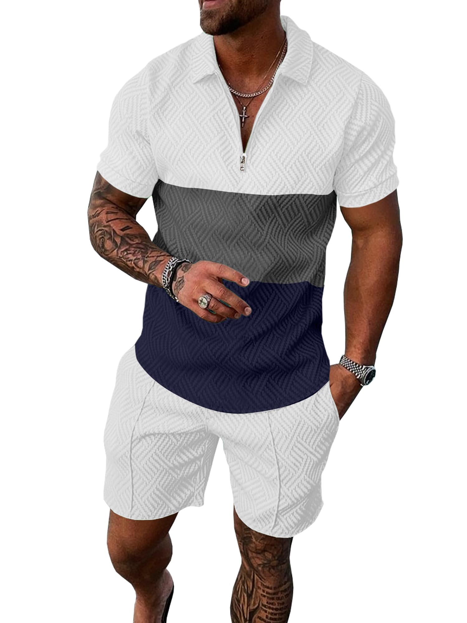 UOUA Mens Summer Track Suits 2 Piece Shorts Sets Short Sleeve Sweatsuit Outfits 1/4 Zip Golf Polo Splicing Striped Shirts