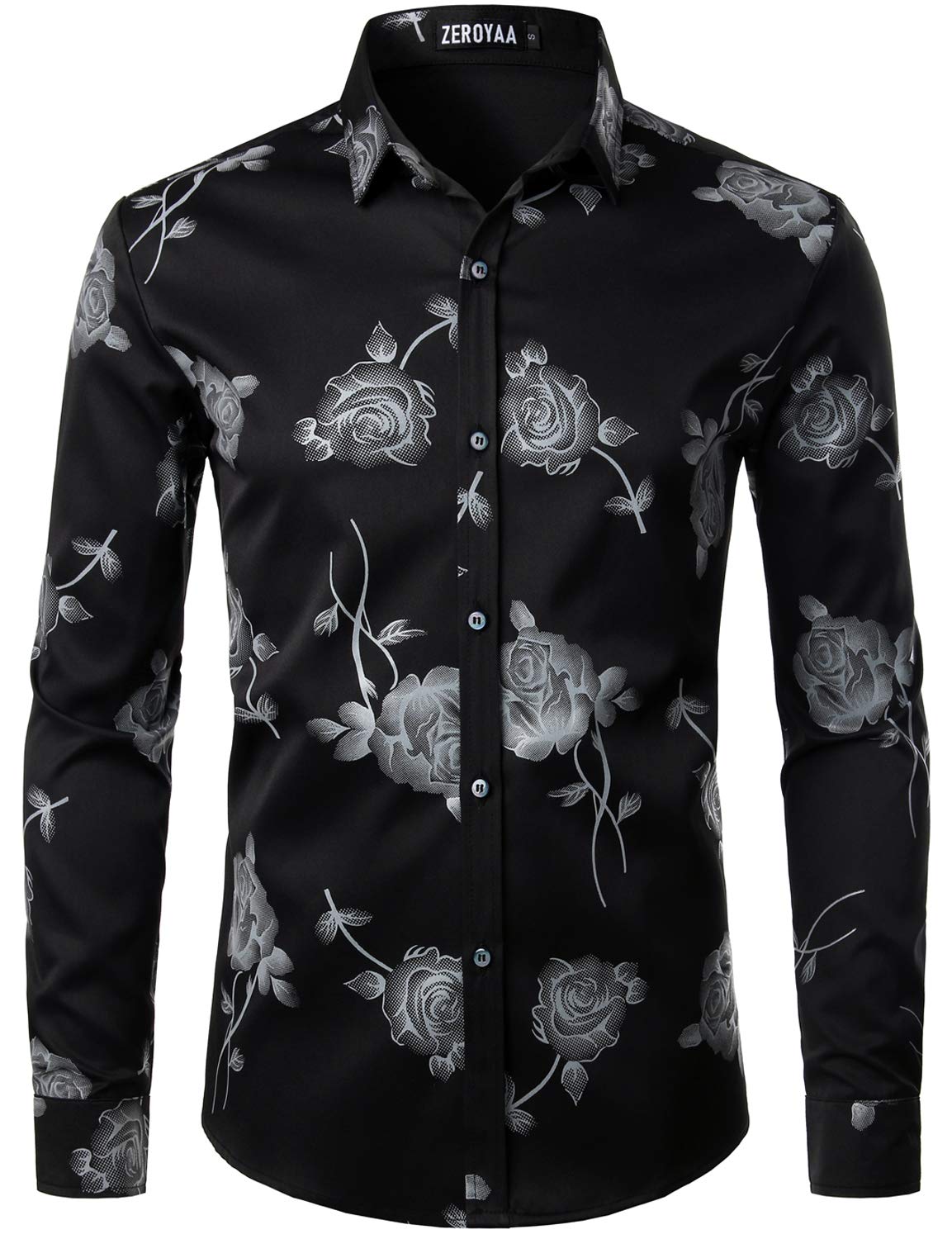 ZEROYAA Mens Hipster 3D Golden Rose Floral Printed Slim Fit Long Sleeve Button Down Dress Shirts