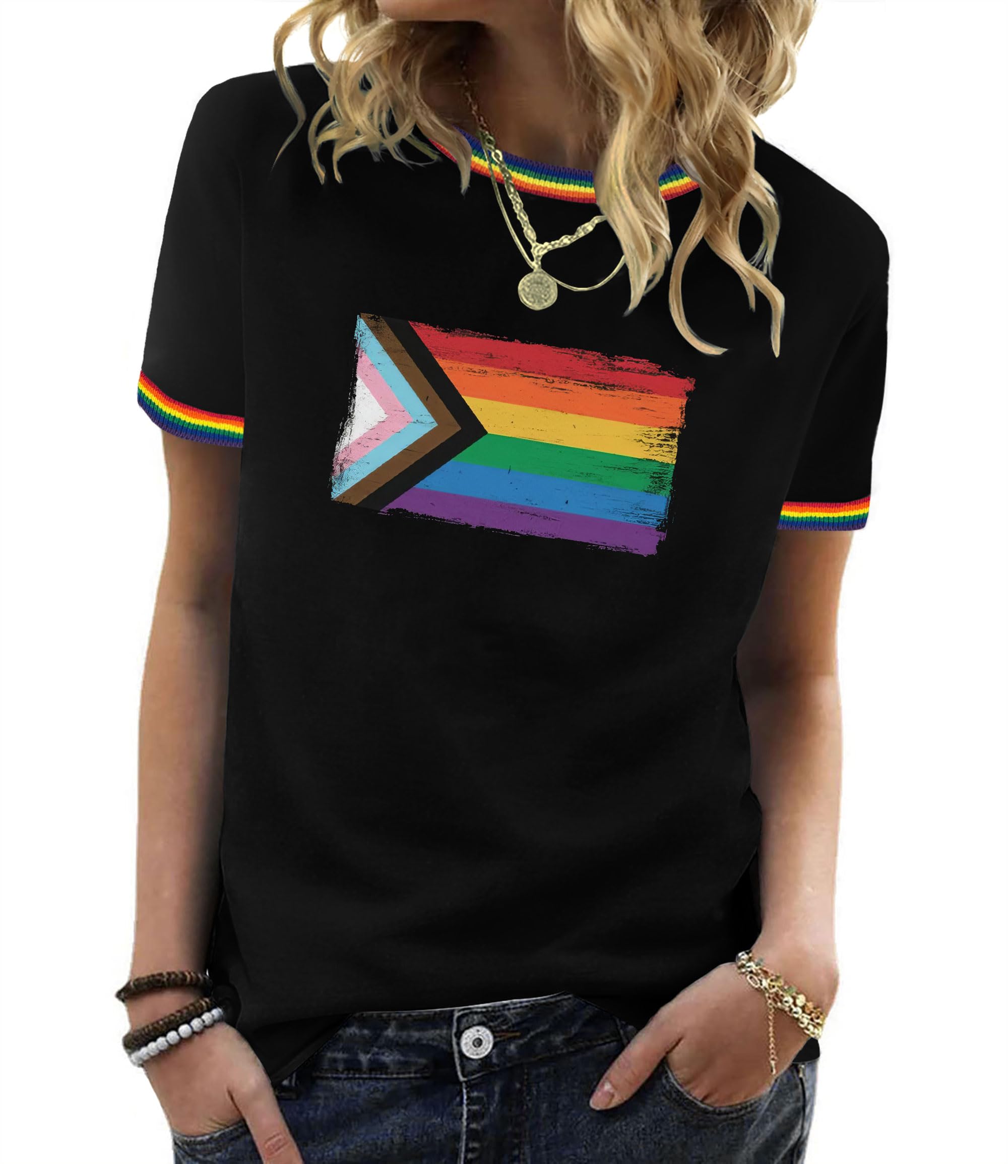 YZMI Pride Shirts for Women Pride Month Rainbow Graphic T-Shirt LGBTQ Support Red Ringer Tee