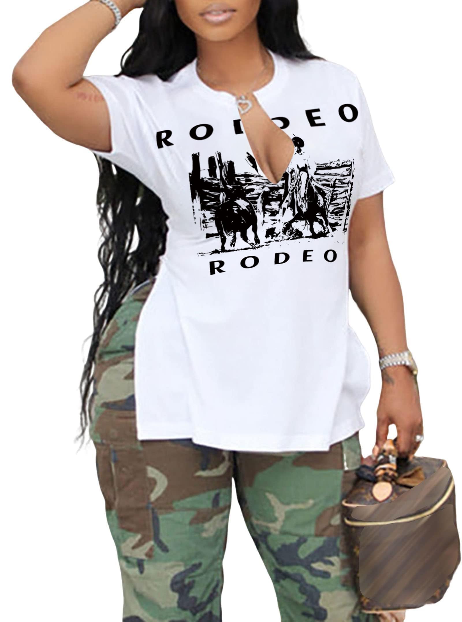 LovelyWholesale Womens Graphic Tees Sexy V Neck T Shirts Short Sleeve Side Slit Summer Tops