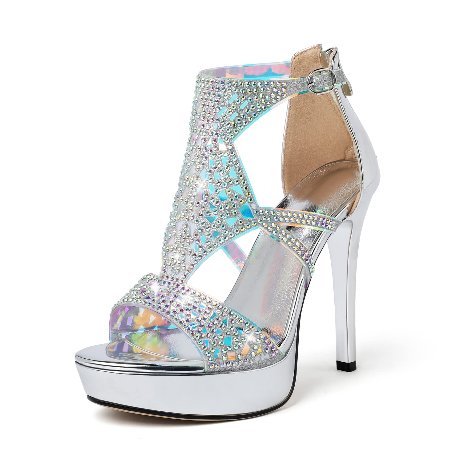 Eldof High Heeled Sandals for Women, Open Toe Strappy Platform Sandals, Cutout Gladiator Heels with Rinestones, Pumps Shoes for Dress Party Evening Summer