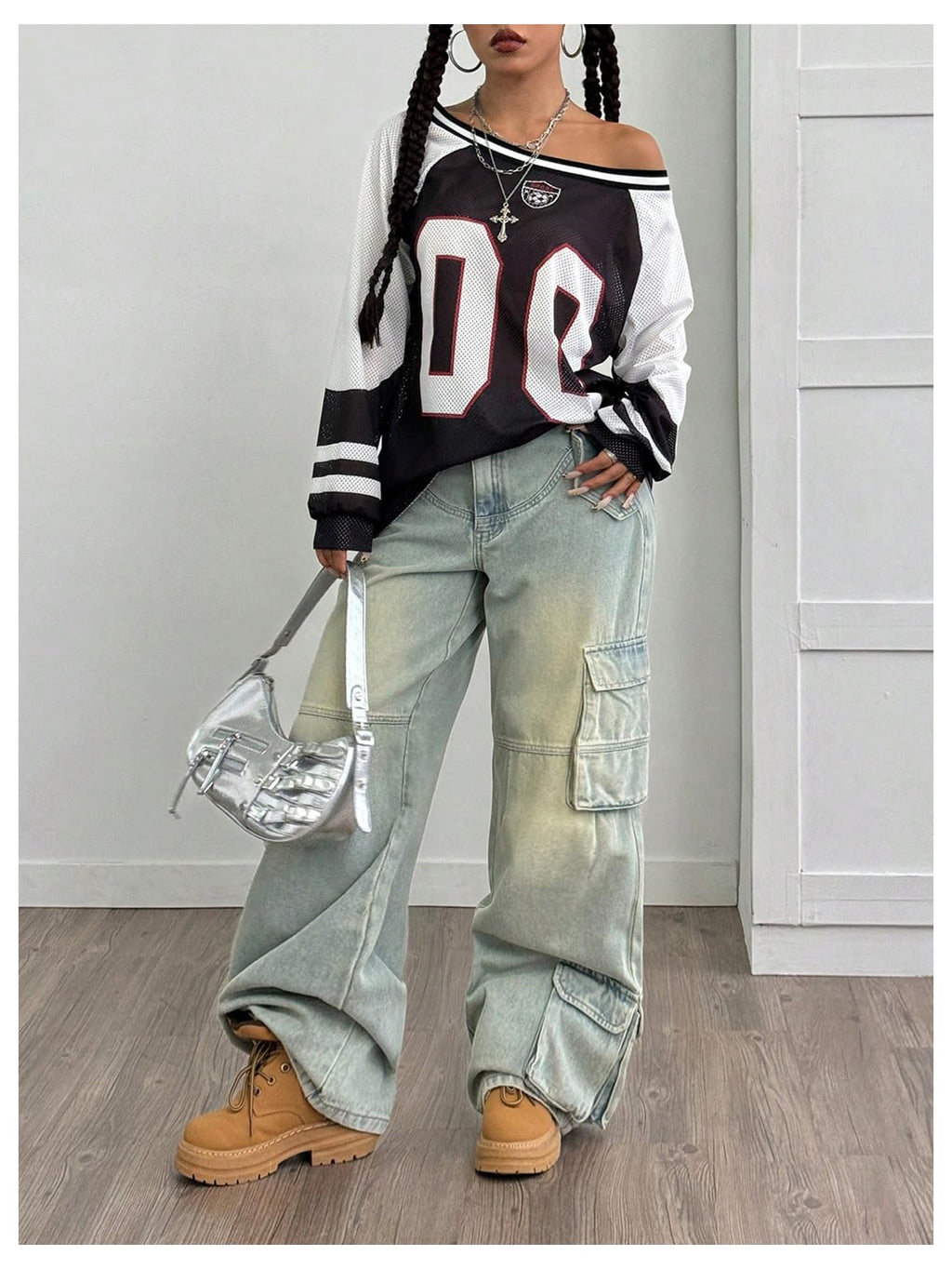 BEAUDRM Women's Y2k Mesh Jersey Shirts Sheer Graphic Tees Oversized Off The Shoulder Long Sleeve Tops Streetwear