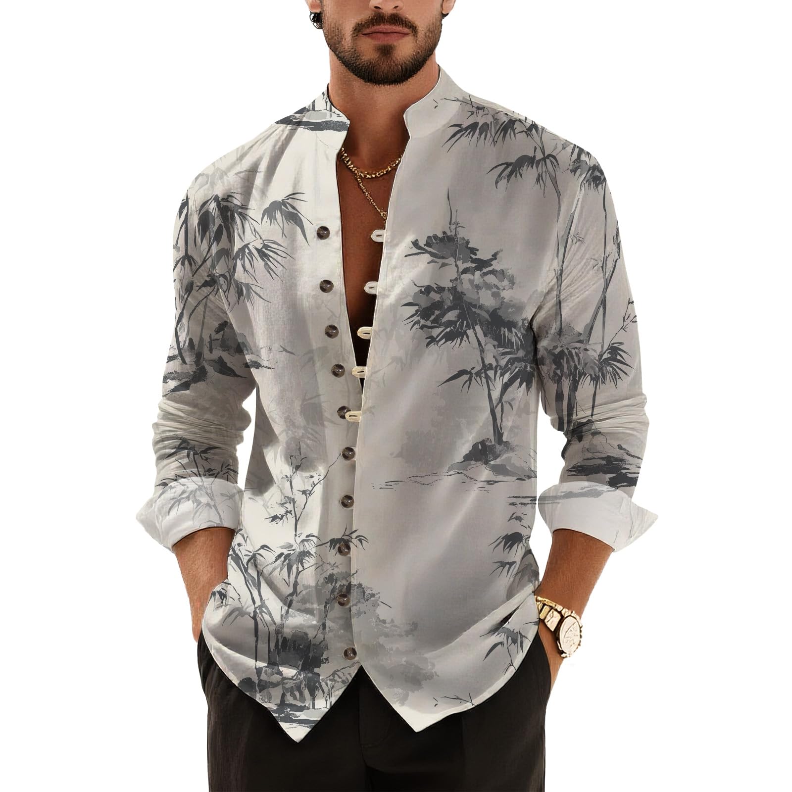 DMOYALA Men’s Hawaiian Button Down Shirts 2025 Fall Casual Long Sleeve Shirts Baggy Henley Neck Beach Vacation Outfits
