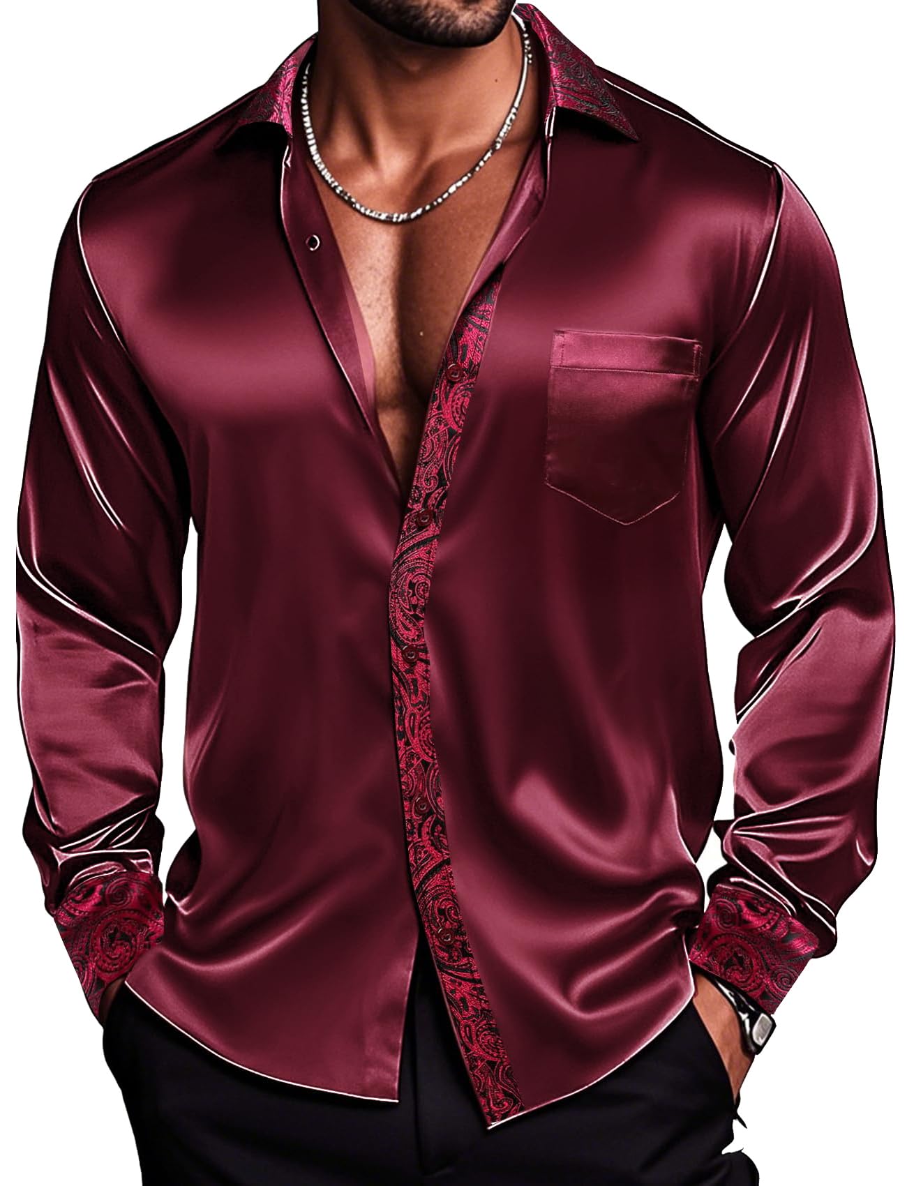 Barry.Wang Mens Satin Silk Shirts Long Sleeve Designer Dress Shirt Shiny Untucked Casual Button Down Shirt Party Disco Formal