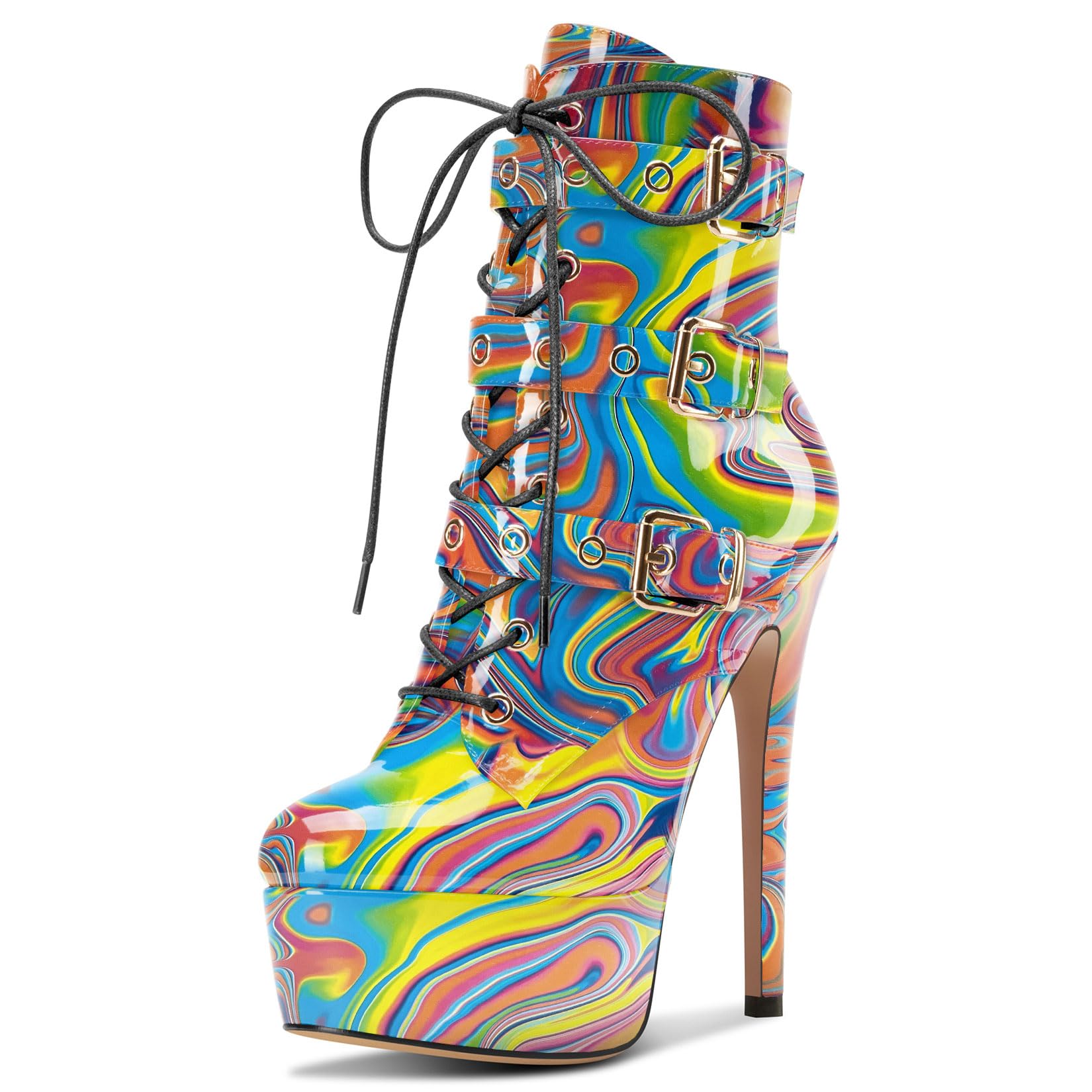 Aachcol Womens Stiletto Boots Platform Lace-up Ankle Boots Short Bootie High Heel Zipper Buckle Prom Party Dress Dance Shoes 6 Inches Heels