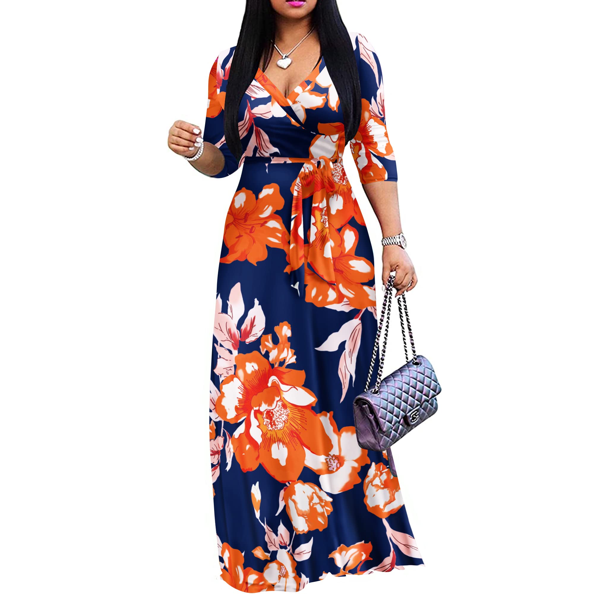 FANDEE Plus Size Maxi Dress for Women Casual Summer Sundress V-Neck 3/4 Sleeve