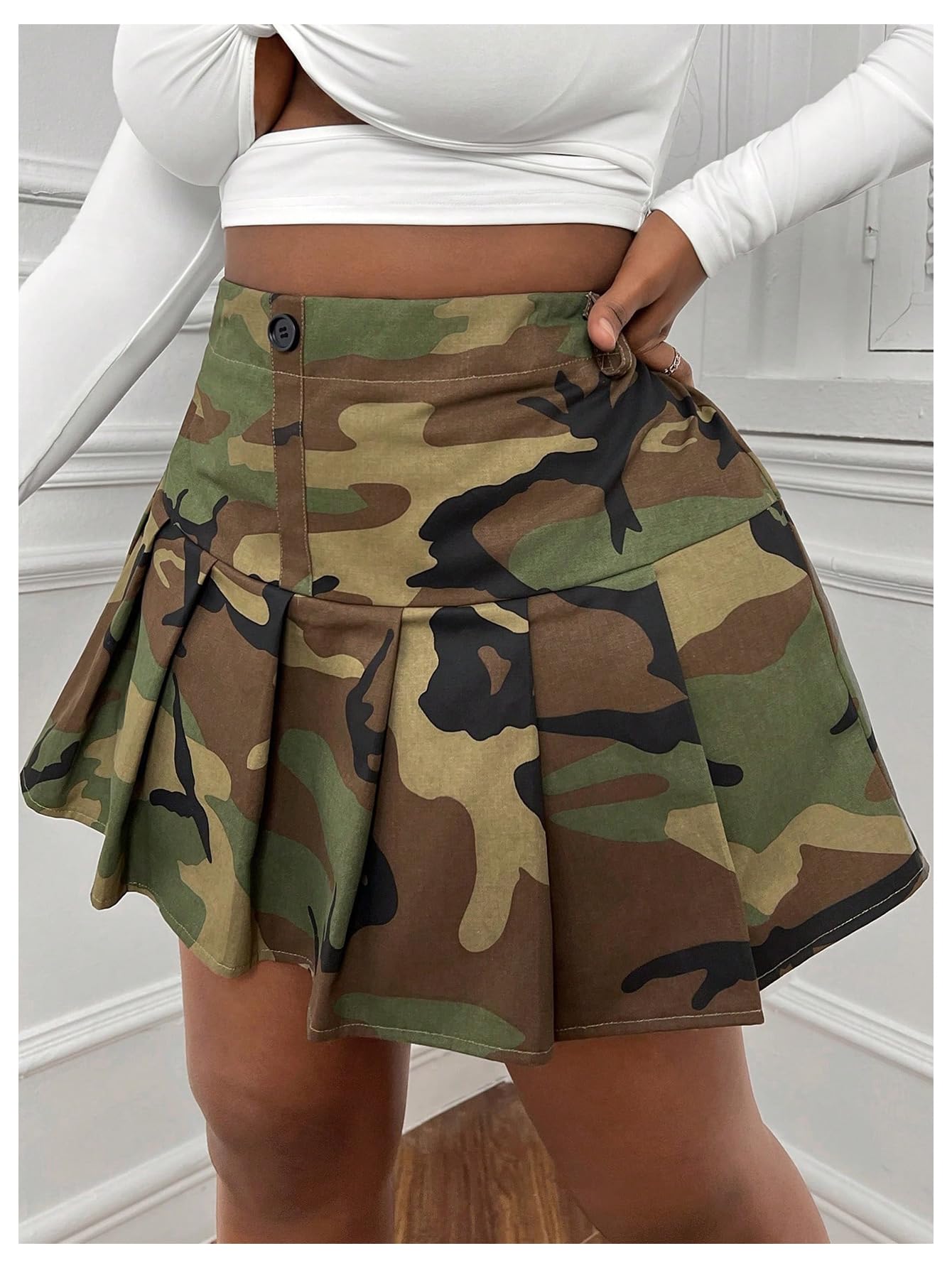 SOLY HUX Women's Plus Size Skirt Camo Print High Waisted Pleated A Line Fall Fashion Short Skirts