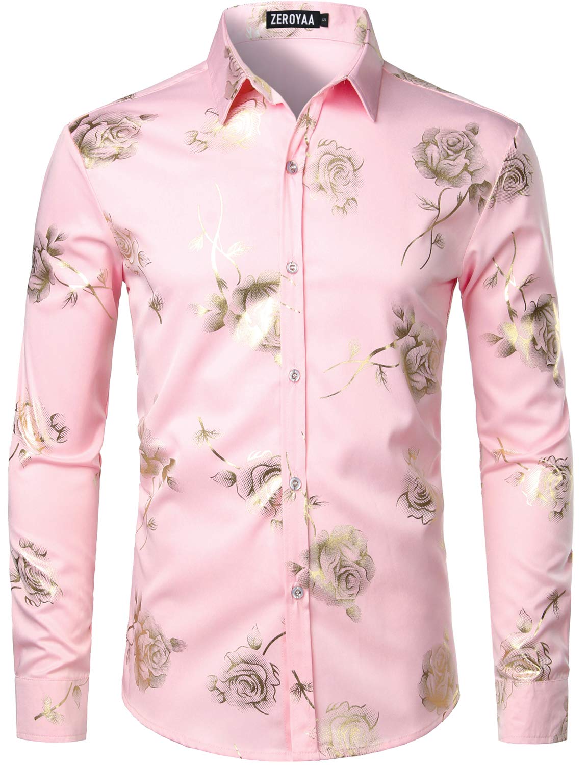 ZEROYAA Mens Hipster 3D Golden Rose Floral Printed Slim Fit Long Sleeve Button Down Dress Shirts