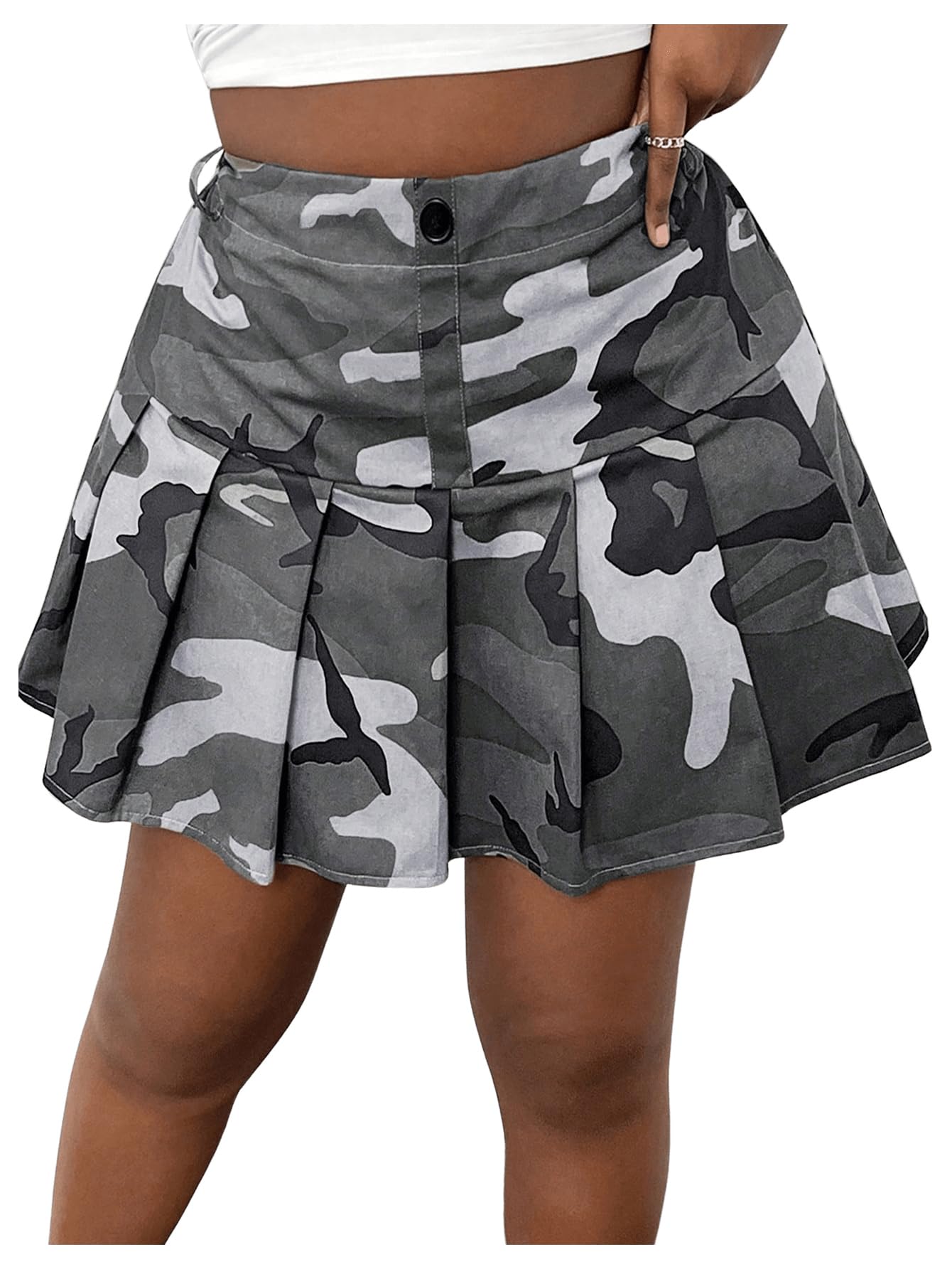 SOLY HUX Women's Plus Size Skirt Camo Print High Waisted Pleated A Line Fall Fashion Short Skirts