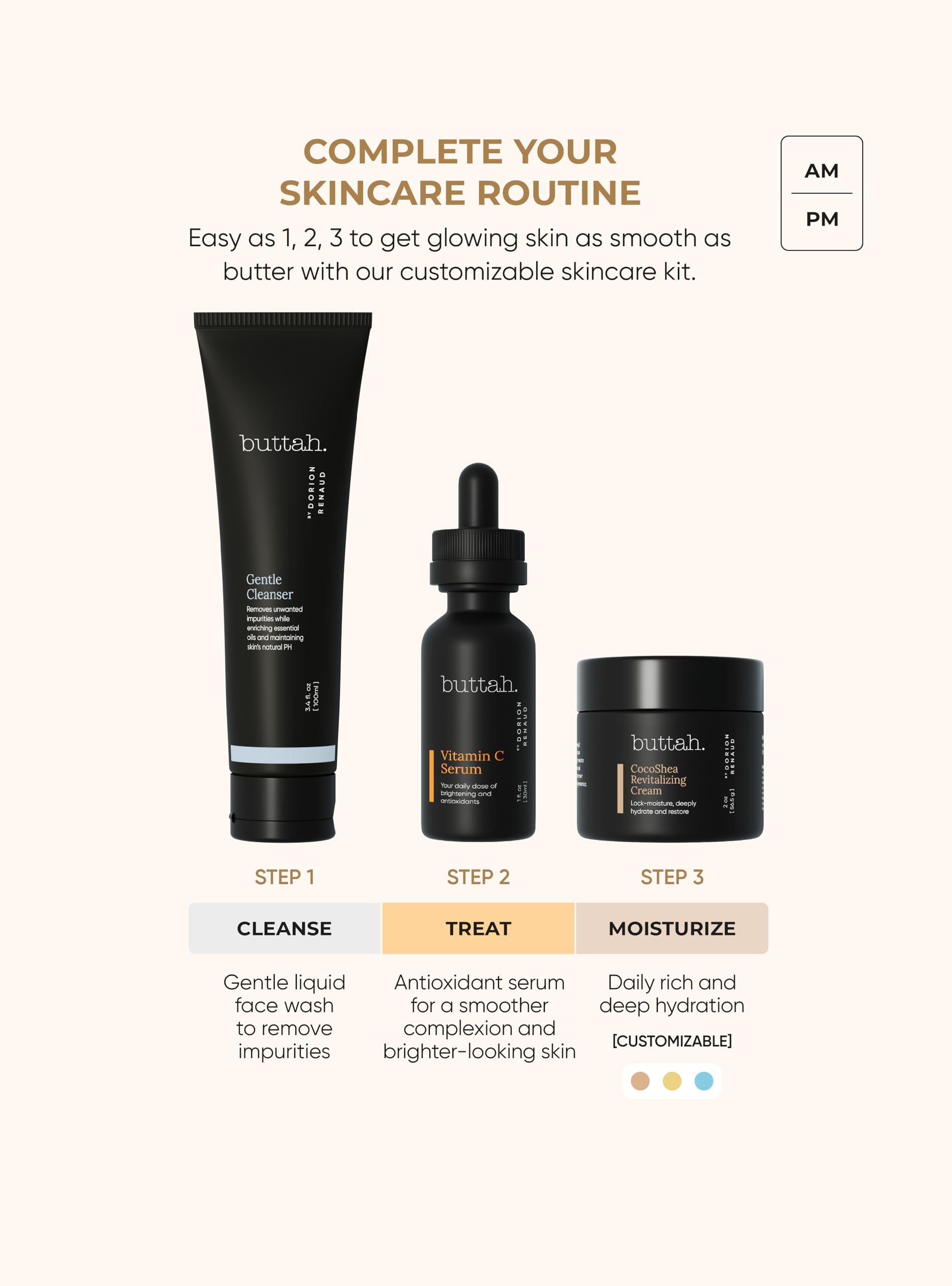 Buttah Transforming Kit for Melanin Rich Skin | Moisturizer 2 oz | Vitamin C Serum 1 oz | Cleanser 3.4 oz | Black Owned Skincare