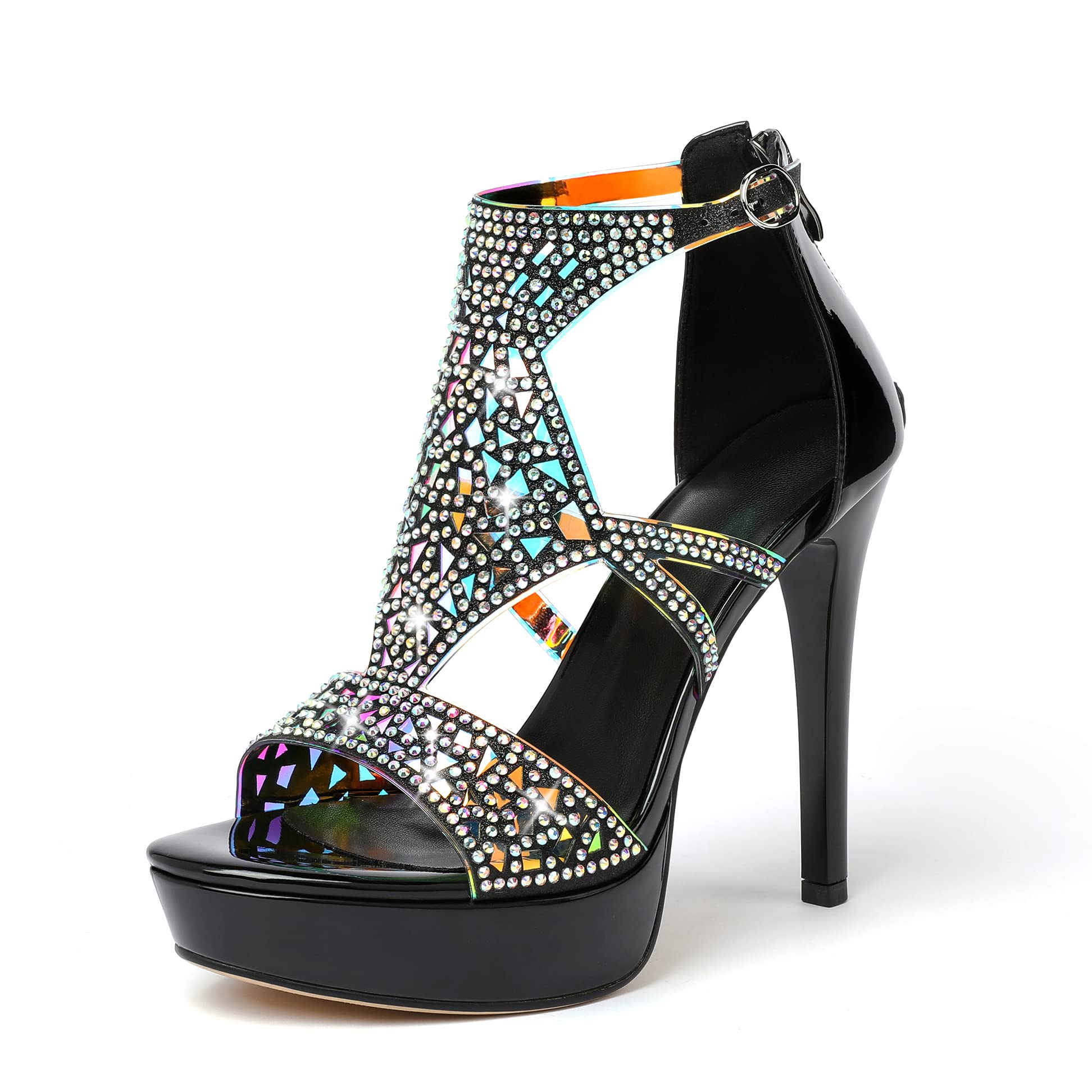 Eldof High Heeled Sandals for Women, Open Toe Strappy Platform Sandals, Cutout Gladiator Heels with Rinestones, Pumps Shoes for Dress Party Evening Summer