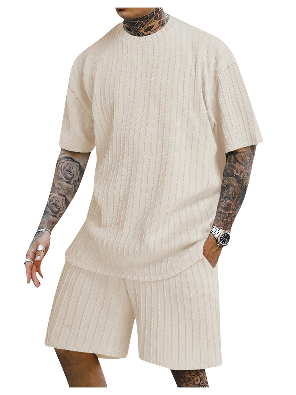 RoseSeek Men's Big and Tall 2 Piece Summer Outfits Textured Drop Shoulder T Shirt and Short Sets Tracksuit