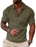 UOUA Men's Zipper Polo Shirts Short Sleeve Sweatshirts Soild Color Tops Striped Texture Casual Golf T