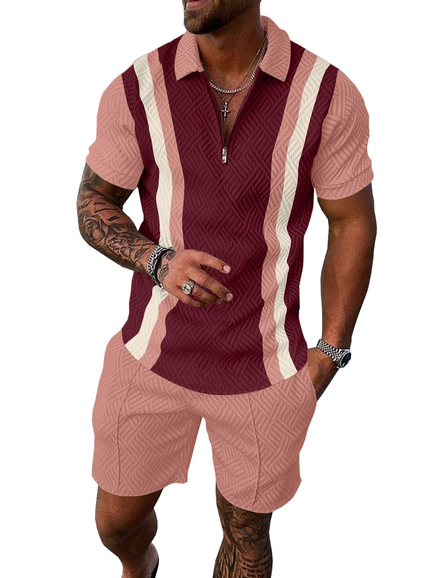 UOUA Mens Summer Track Suits 2 Piece Shorts Sets Short Sleeve Sweatsuit Outfits 1/4 Zip Golf Polo Splicing Striped Shirts