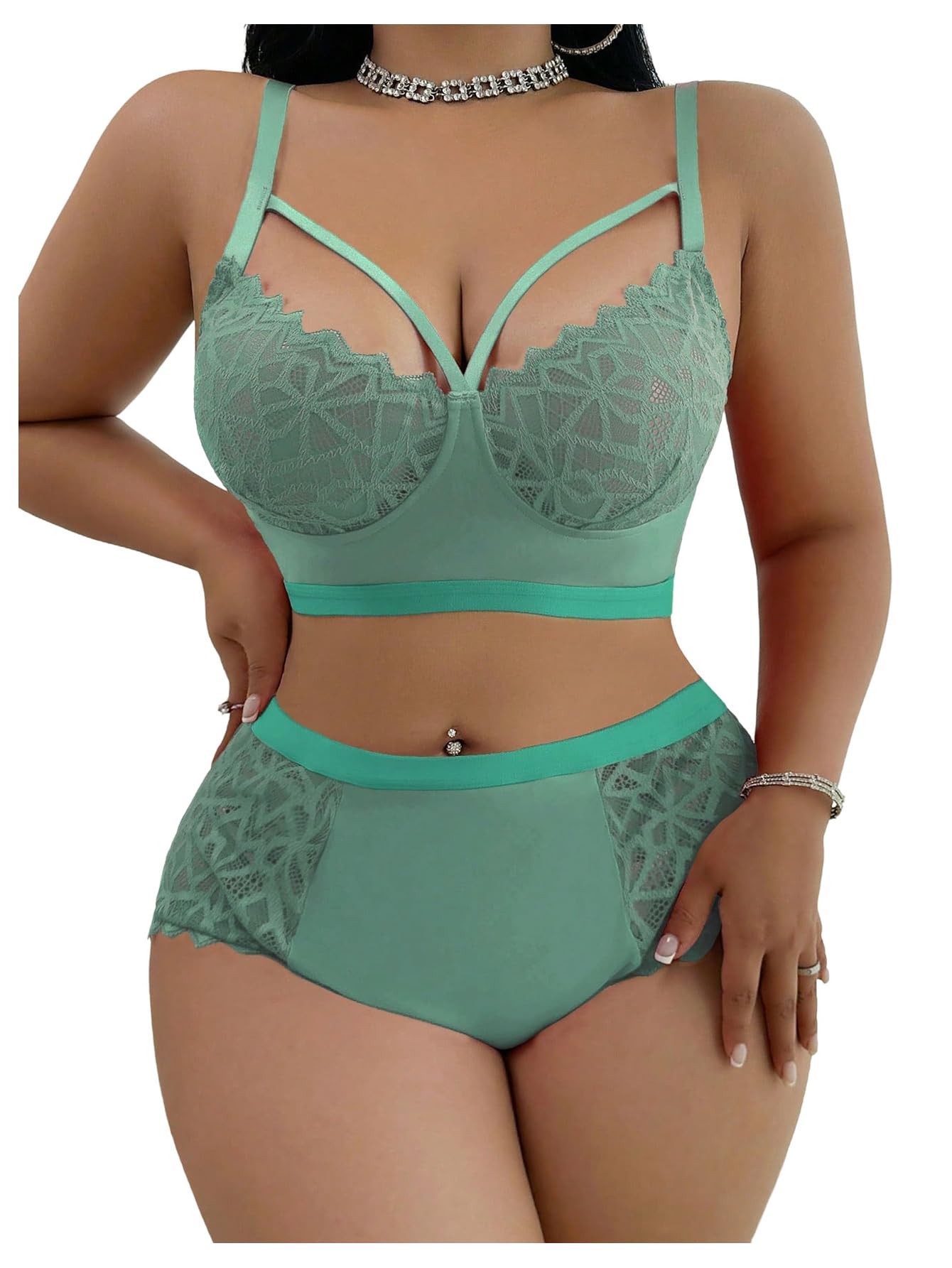 MakeMeChic Women's Plus Size Lingerie Sets Contrast Lace Cut Out Wireless Bra and Panty Set