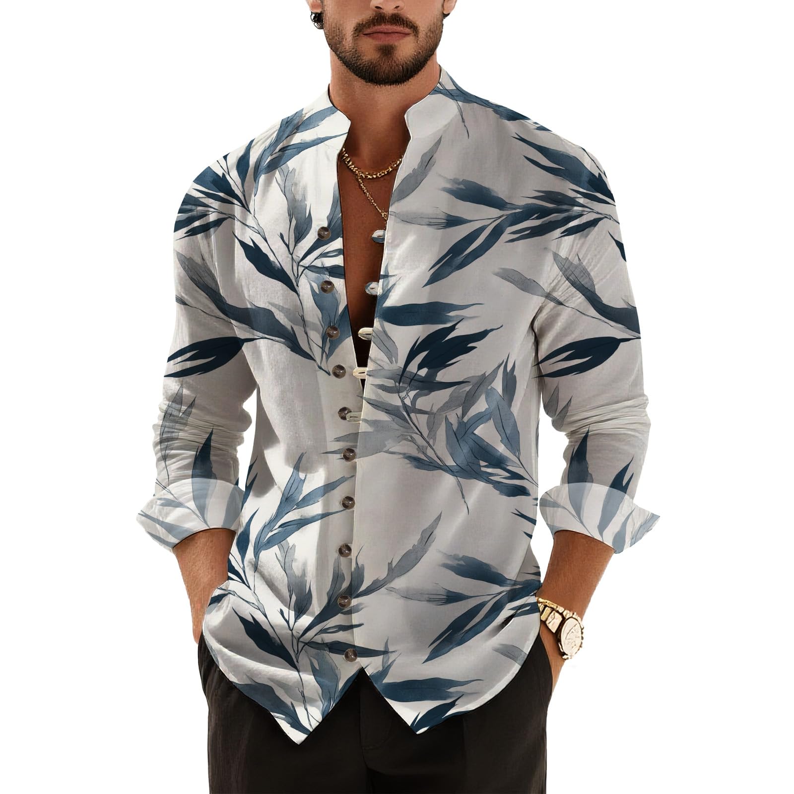 DMOYALA Men’s Hawaiian Button Down Shirts 2025 Fall Casual Long Sleeve Shirts Baggy Henley Neck Beach Vacation Outfits