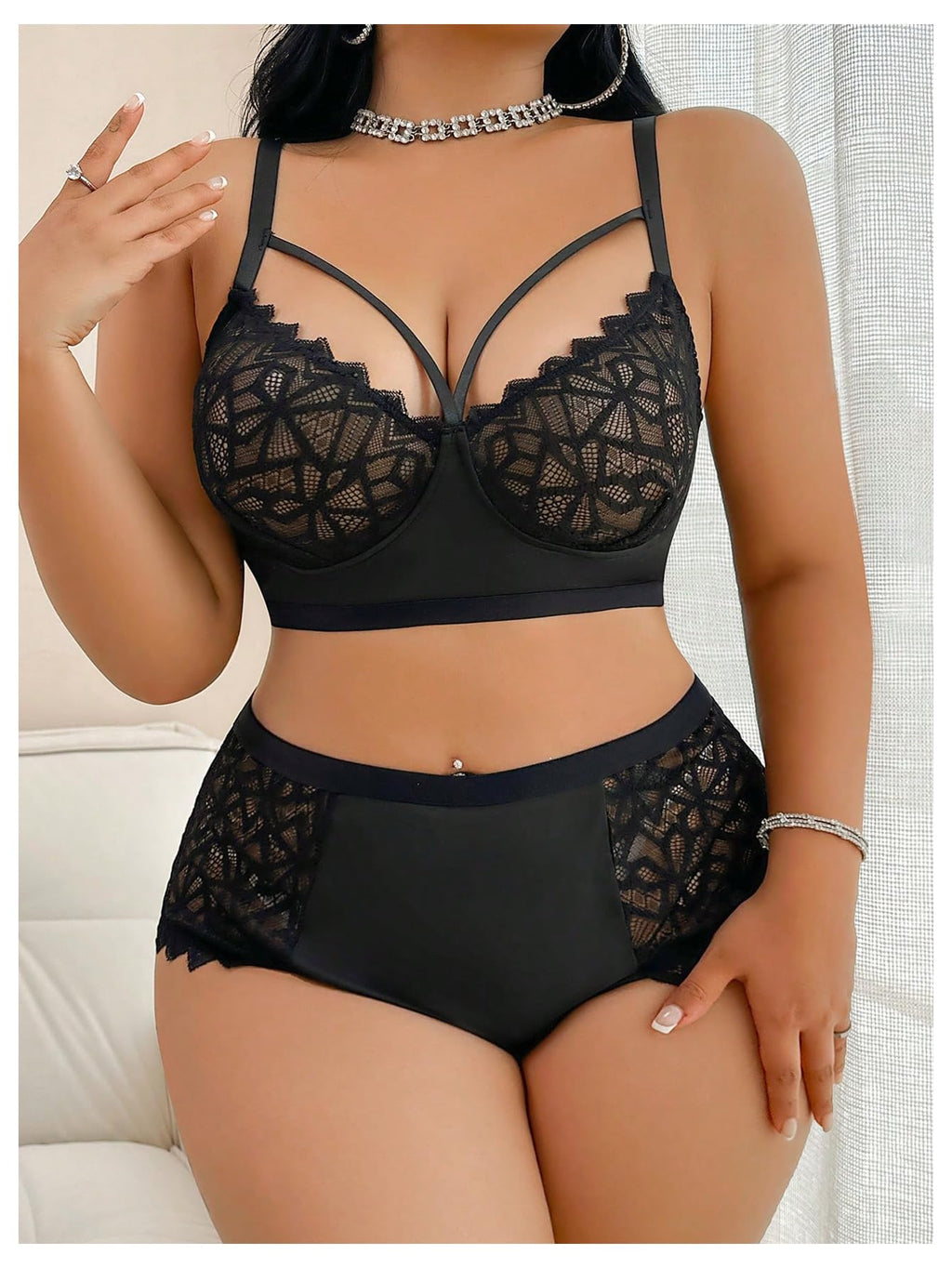 MakeMeChic Women's Plus Size Lingerie Sets Contrast Lace Cut Out Wireless Bra and Panty Set