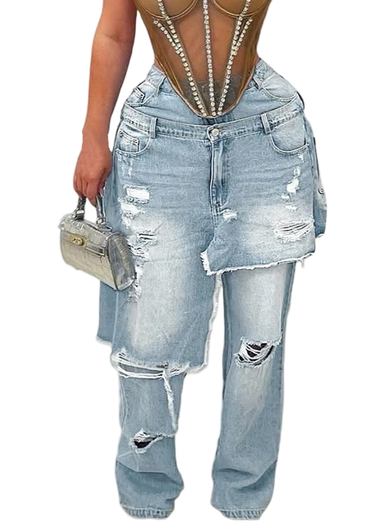 LKOUS Women's Ripped Baggy Jeans High Waist Wide Leg Patchwork Distressed Cutout Stretchy Denim Pants Streetwear