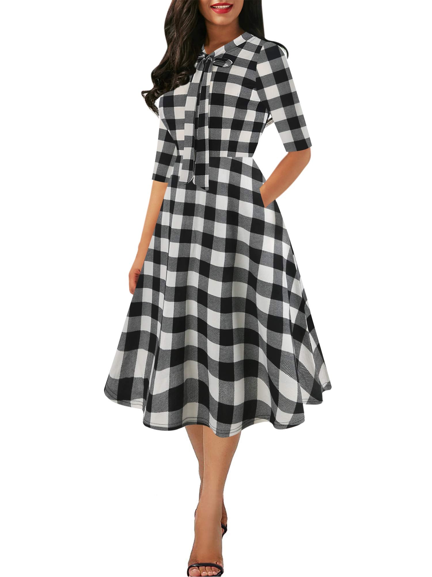 oxiuly Women's Vintage Bow Tie V-Neck Pockets Casual Work Party Cocktail Swing A-line Dresses OX278