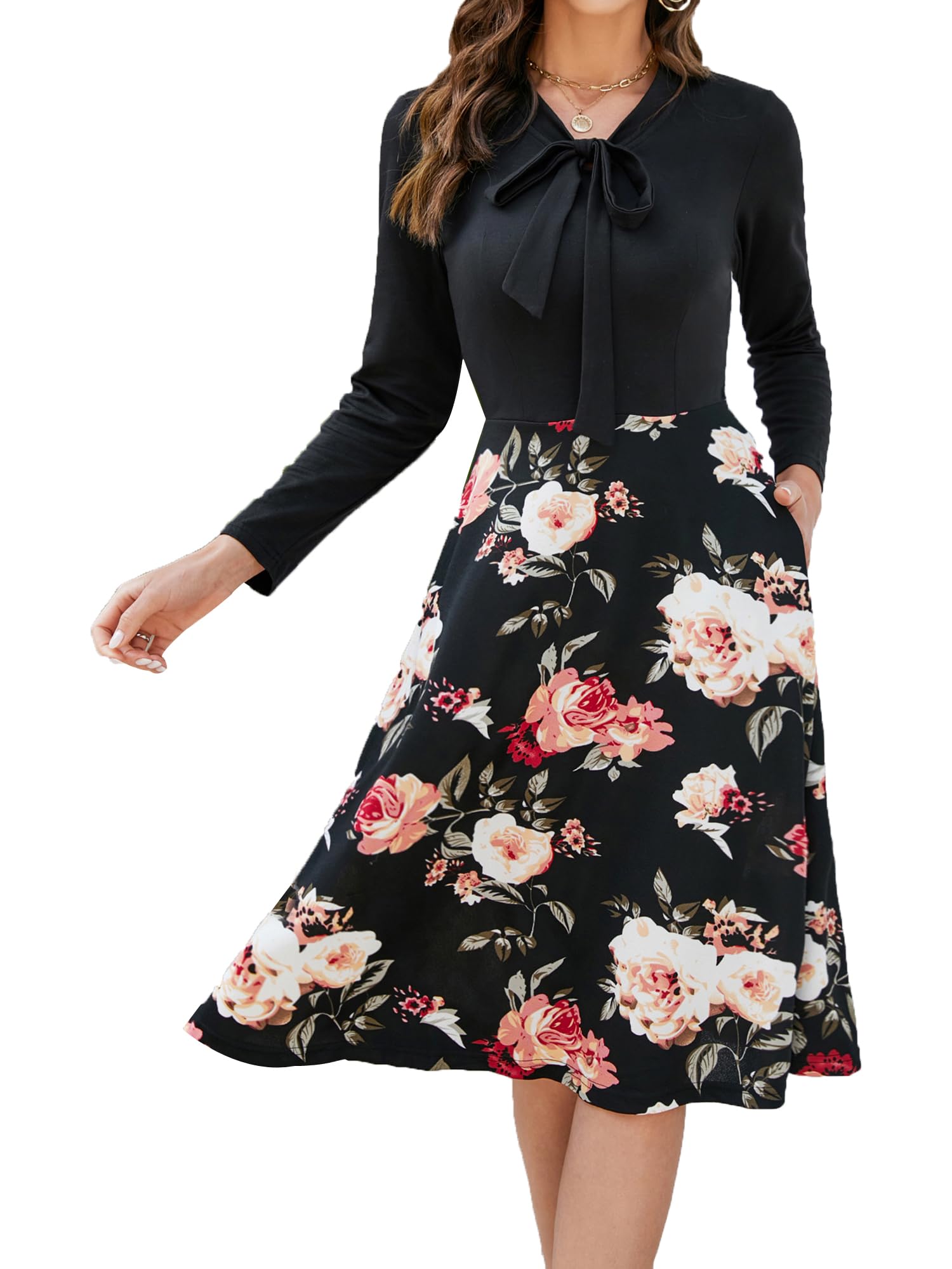oxiuly Women's Vintage Bow Tie V-Neck Pockets Casual Work Party Cocktail Swing A-line Dresses OX278