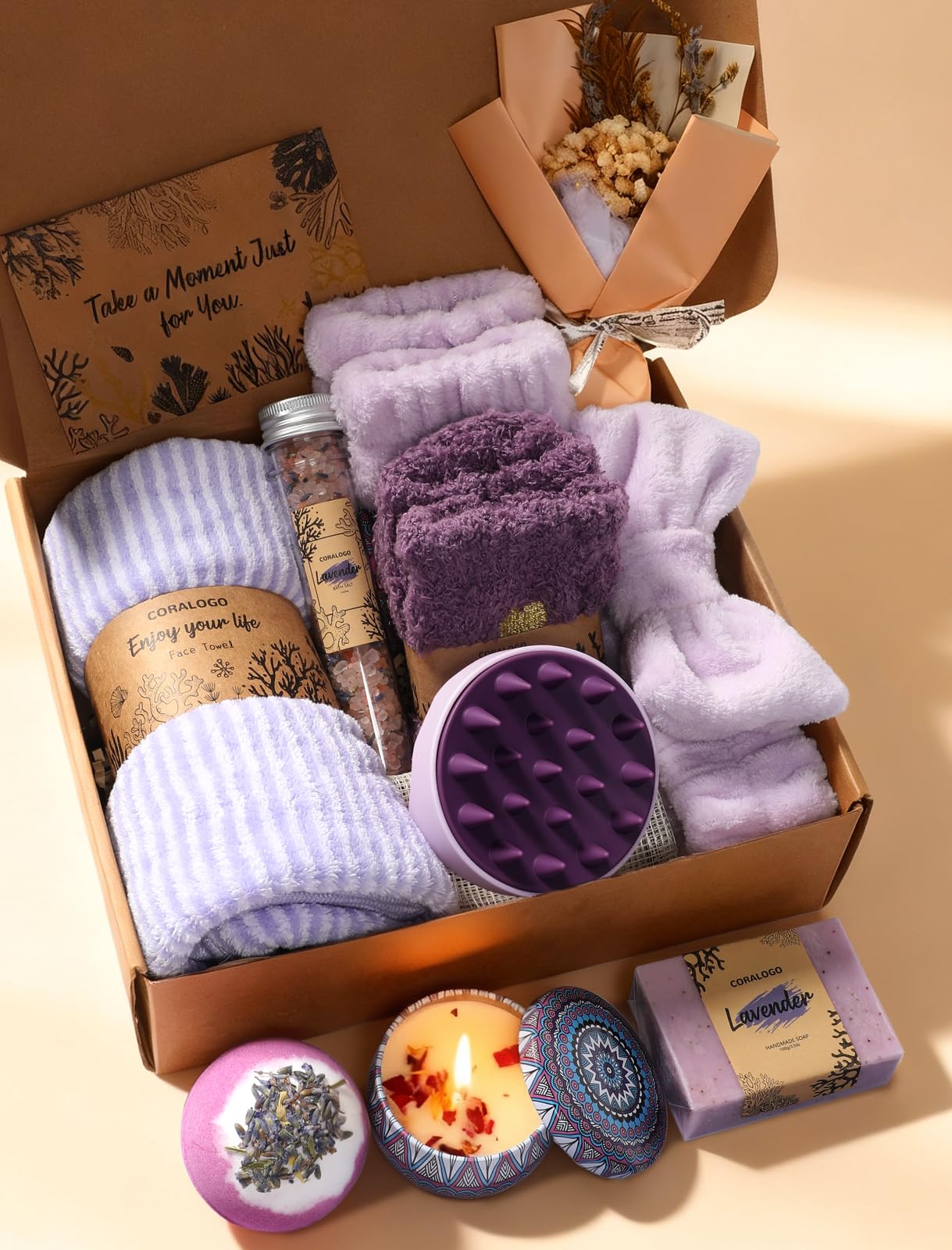 Coralogo Spa Gift Baskets for Women - 11 Pcs Items Self Care Gift Set Wellness Bath and Body Relaxing Gifts
