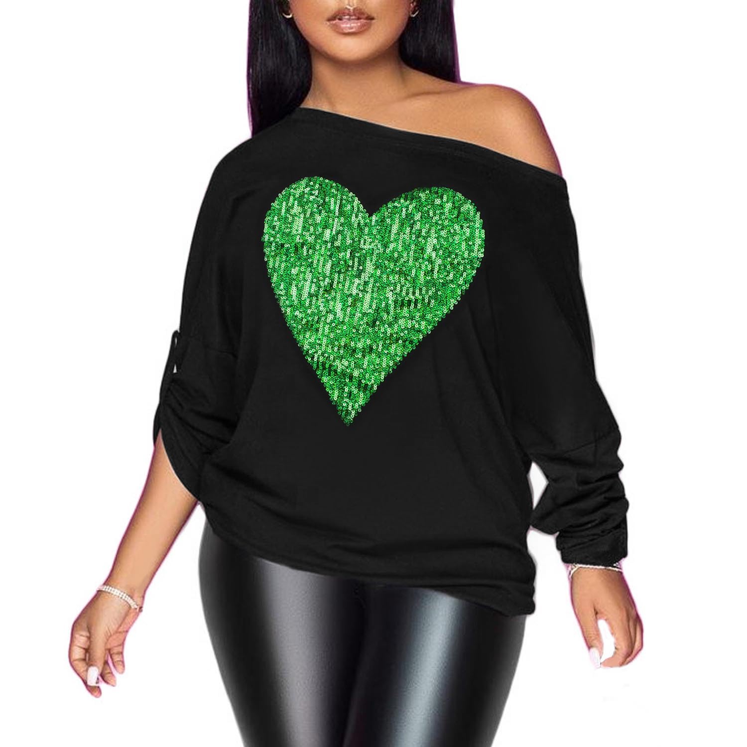 PESION Womens Off The Shoulder Tops Sexy Shiny Metallic Shirts Long Sleeves Fashion Graphic T-Shirts Blouses