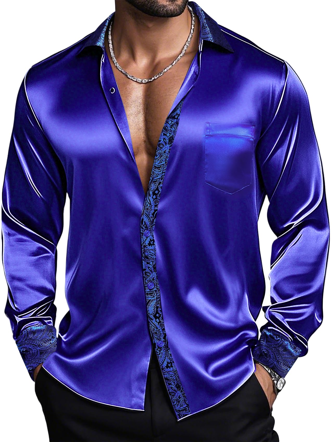 Barry.Wang Mens Satin Silk Shirts Long Sleeve Designer Dress Shirt Shiny Untucked Casual Button Down Shirt Party Disco Formal
