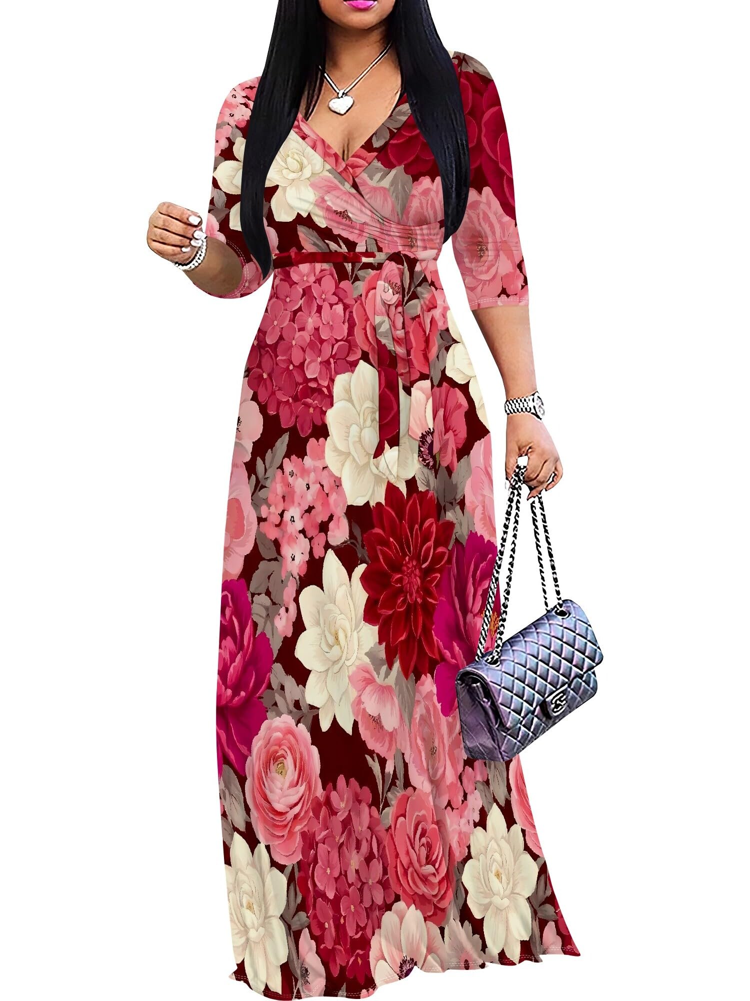 PinkPatty Women's Plus Size Maxi Dresses Casual Flowy 3/4 Sleeves Dress Printed Vacation Dress for Daily Wear with Belt