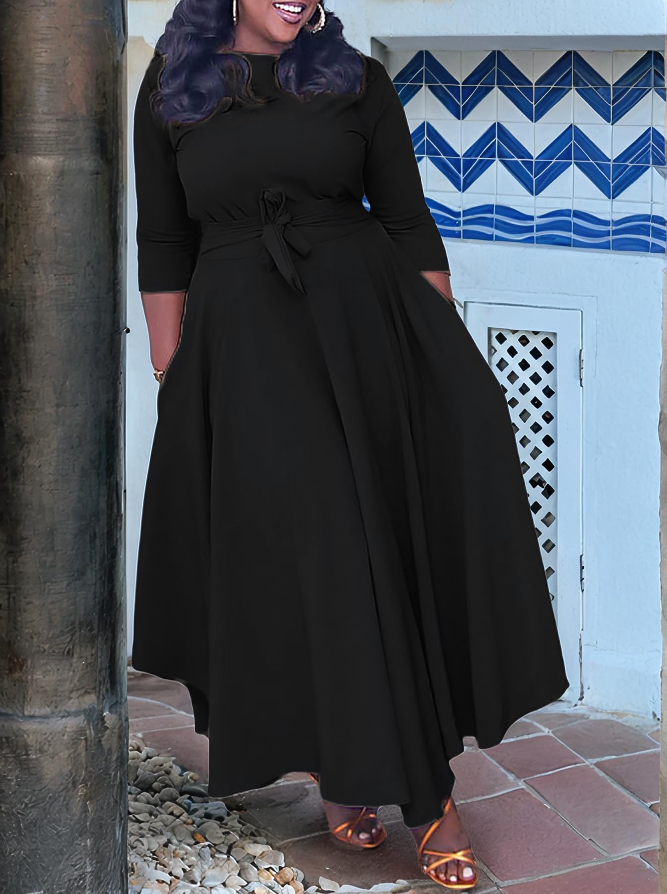 Baczoe Plus Size Dress for Curvy Women Stretch Self Tie A-Line Maxi Dress with Pockets Swing Long Outfit