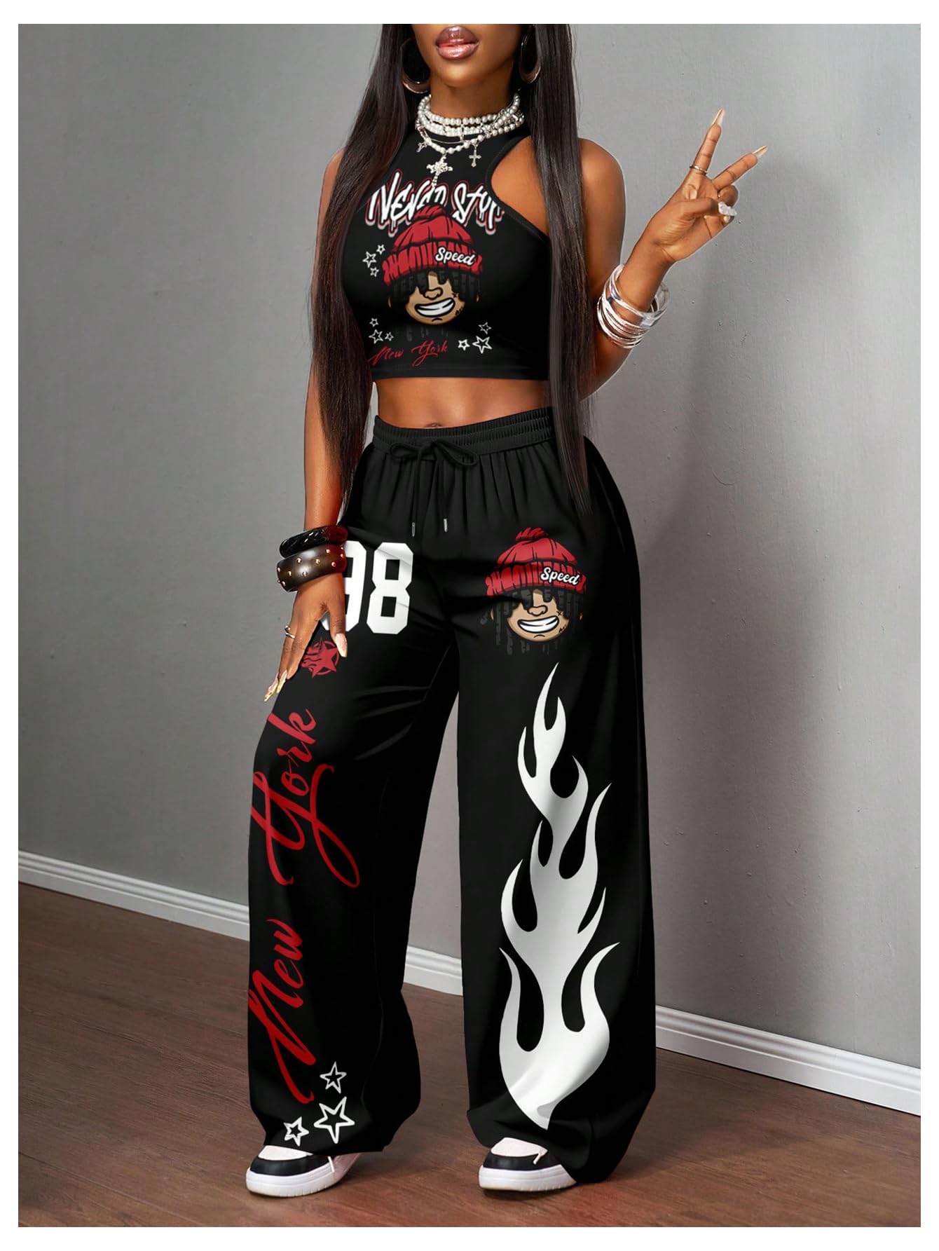 SHENHE Women's Y2k 2 Piece Outfits Graphic Crop Tank Low Rise Wide Leg Baggy Pants Set Hip Hop Streetwear