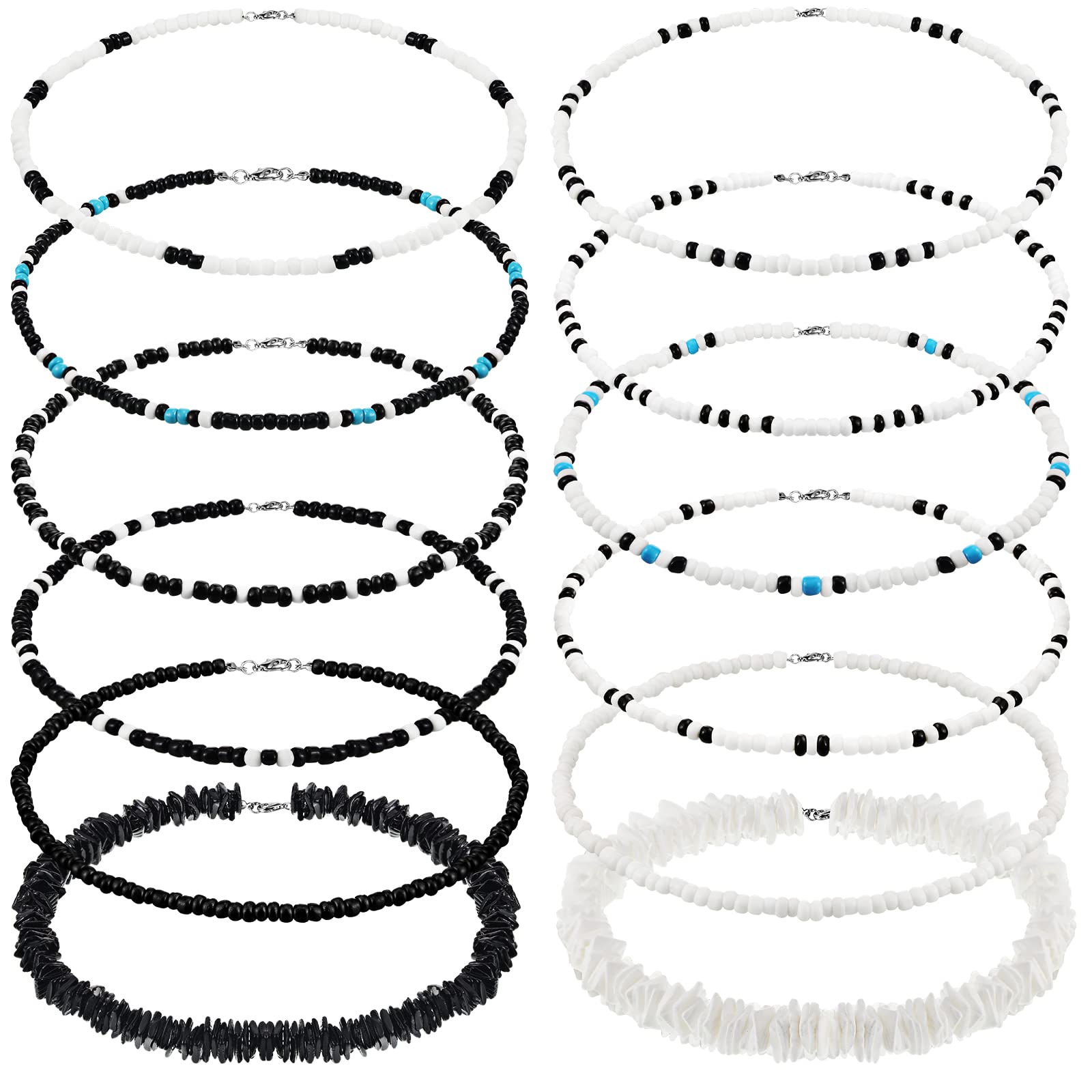 Yinkin 12 Pcs Puka Shell Necklace Bulk for Men Women Beach Surfer Beaded Necklace Summer Surfer Chokers Jewelry