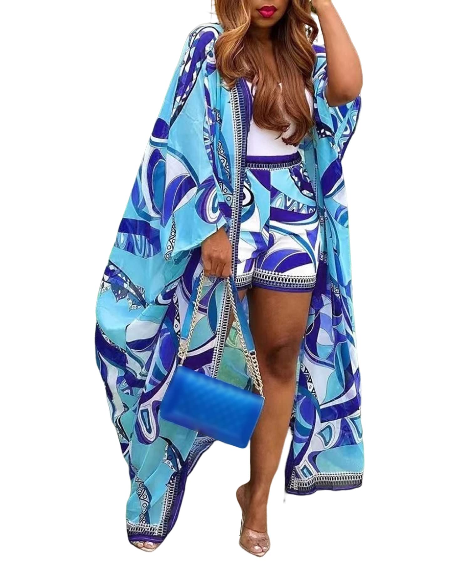2 Piece Outfits for Women Sexy Beach Cover Up Shorts Set Open Front Long Cardigan