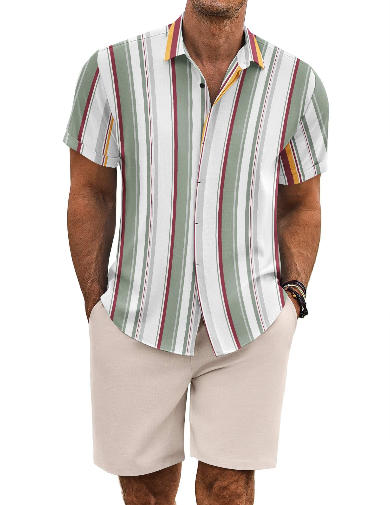 COOFANDY Men's Summer Beach Outfits 2 Piece Short Sleeve Shirts and Shorts Vacation Texture Linen Sets for Men