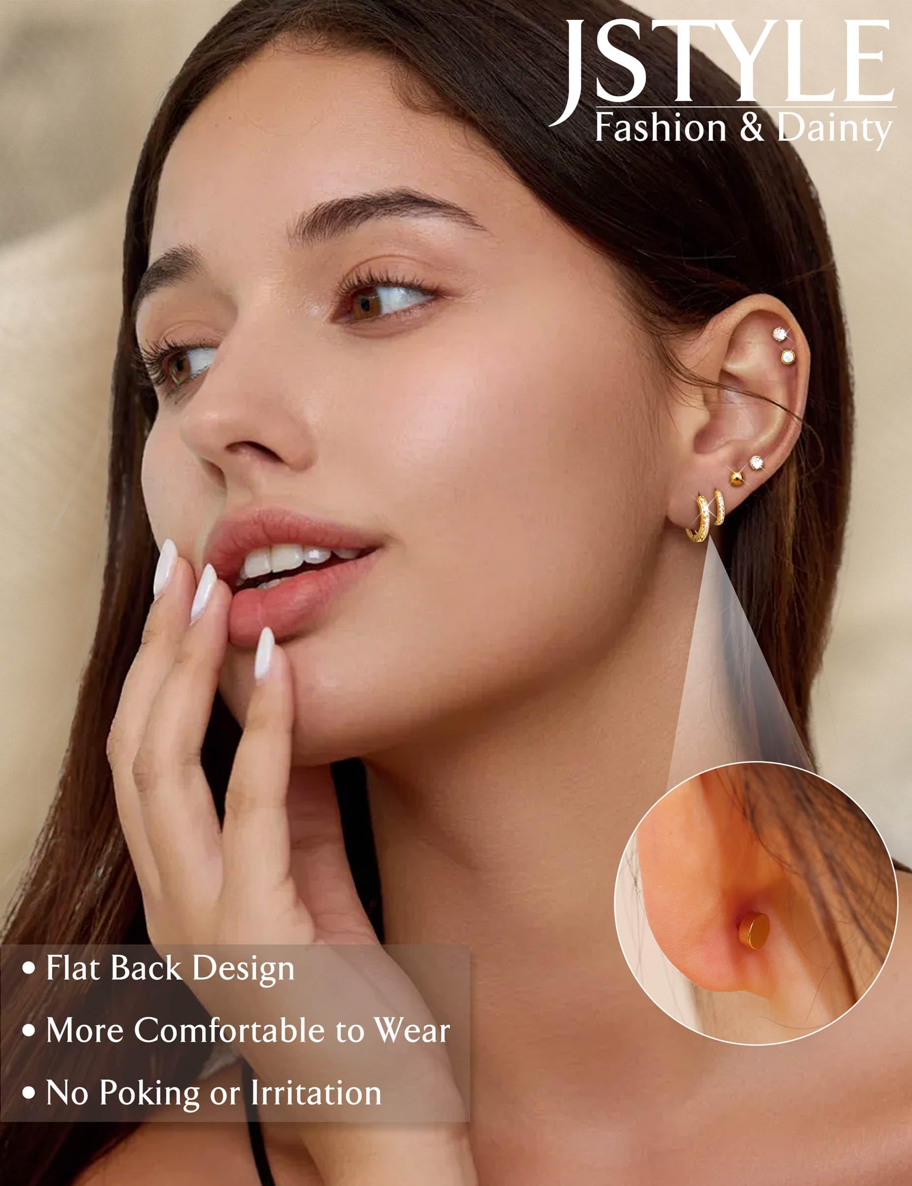 Jstyle Hypoallergenic Stud Hoop Earrings for Women Small Flat Back Surgical Stainless Steel Earrings for Sensitive Ears Trendy Silver Hoops Cartilage Earring Stacks Set Multiple Piercing Jewelry Gifts