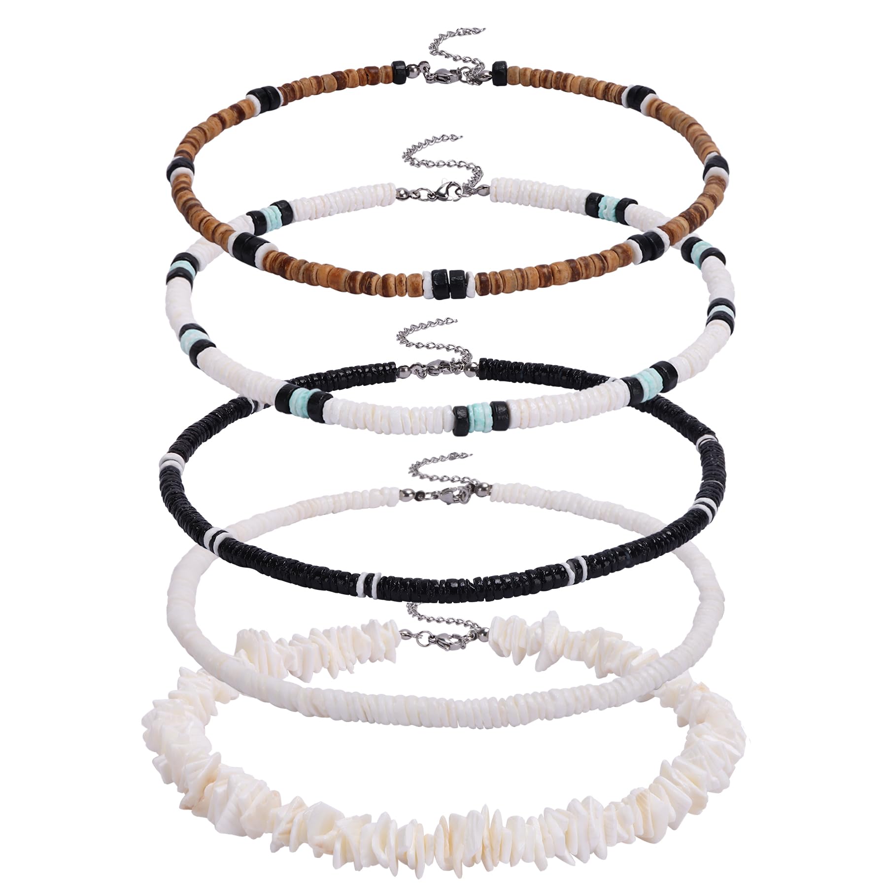 FIRAZIO 5pcs Puka Shell Necklace - Summer Beach Surfer & Hawaiian Necklace for Men & Women - White Beach Jewelry