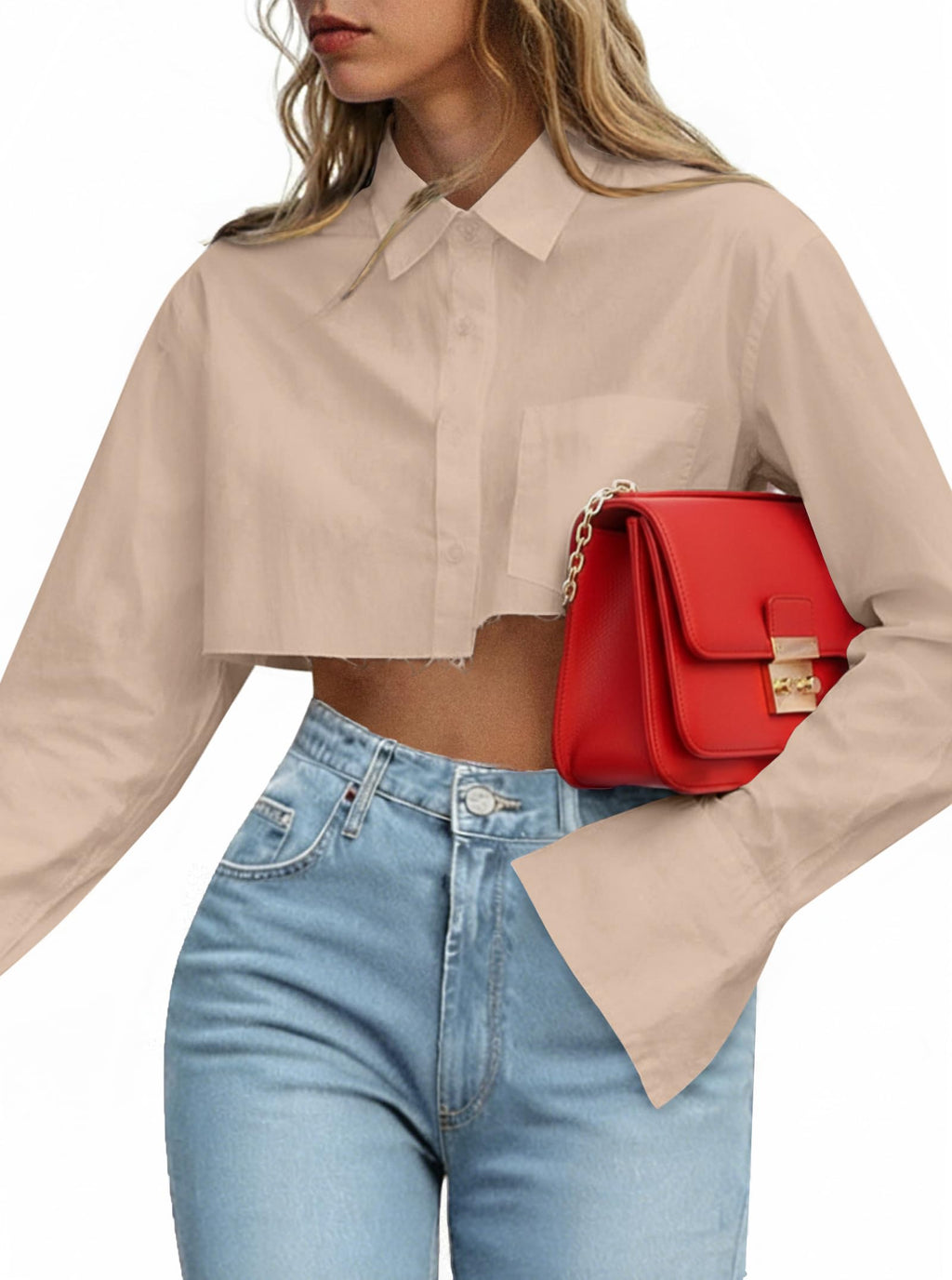Remidoo Women's Casual Striped Cropped Button Down Shirt Long Sleeve Crop Top