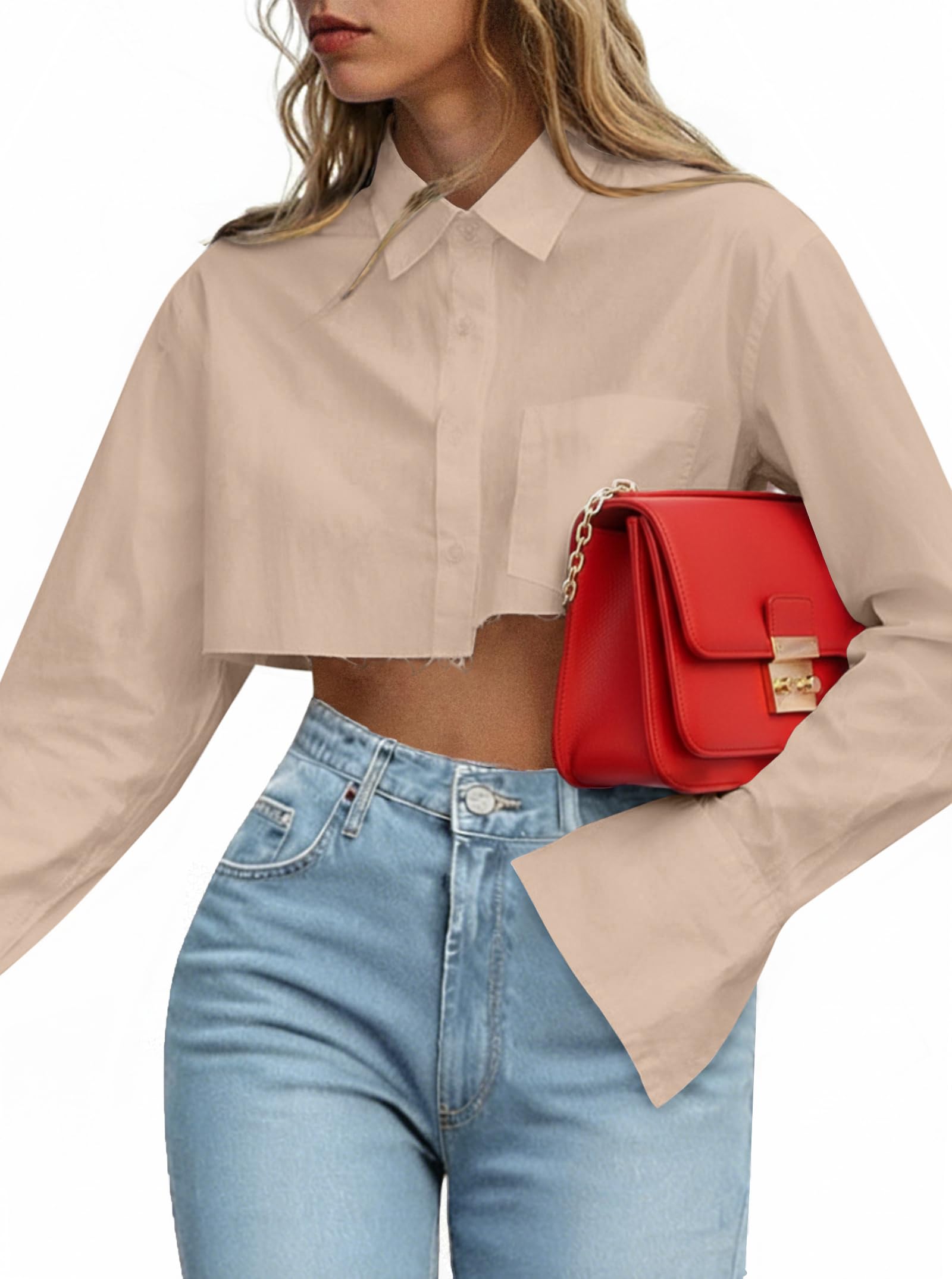 Remidoo Women's Casual Striped Cropped Button Down Shirt Long Sleeve Crop Top