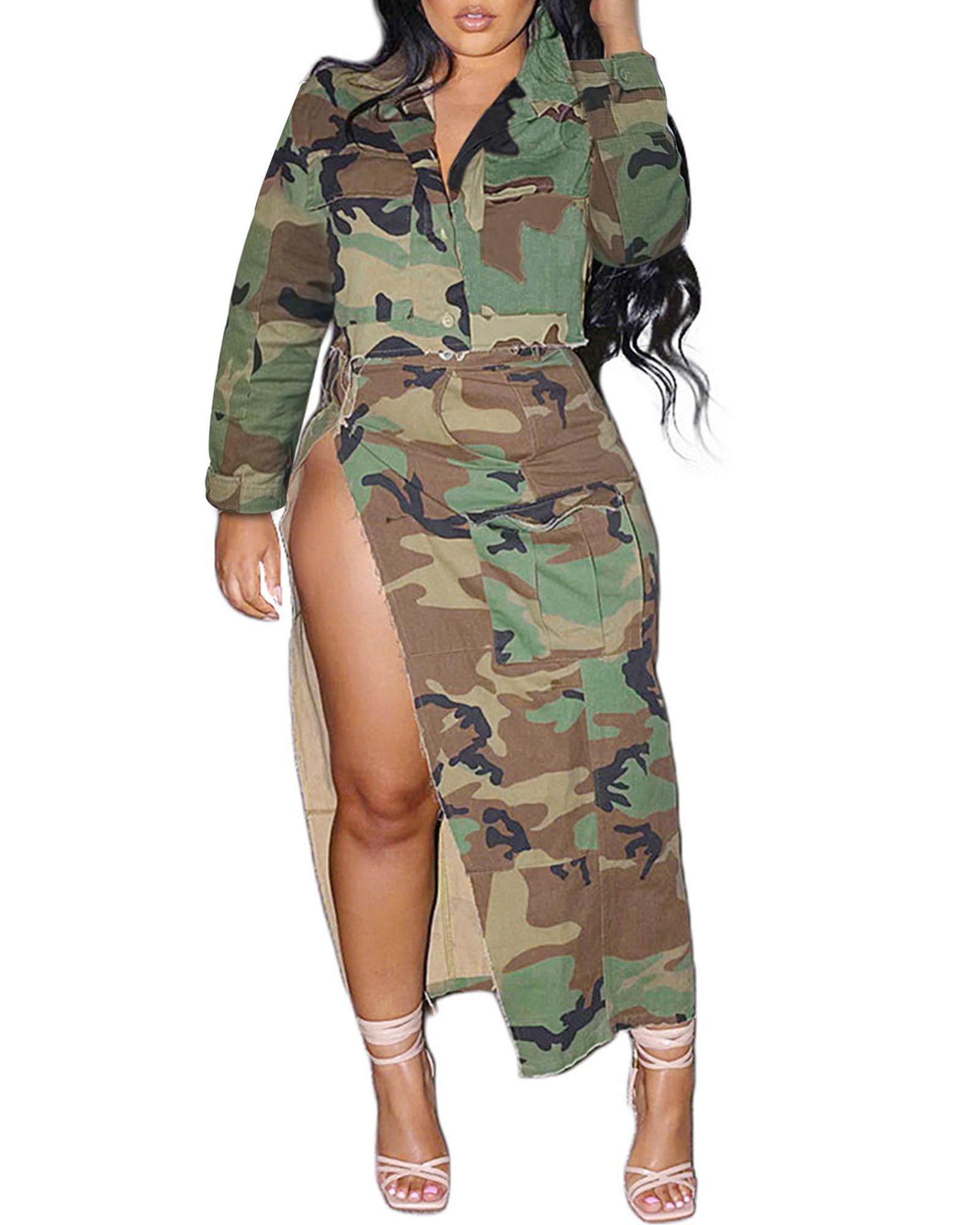 DINGANG Women's 2026 Summer Two Piece Dresses Camouflage Short Sleeve Top + High Waist Split Skirts Sets Trendy