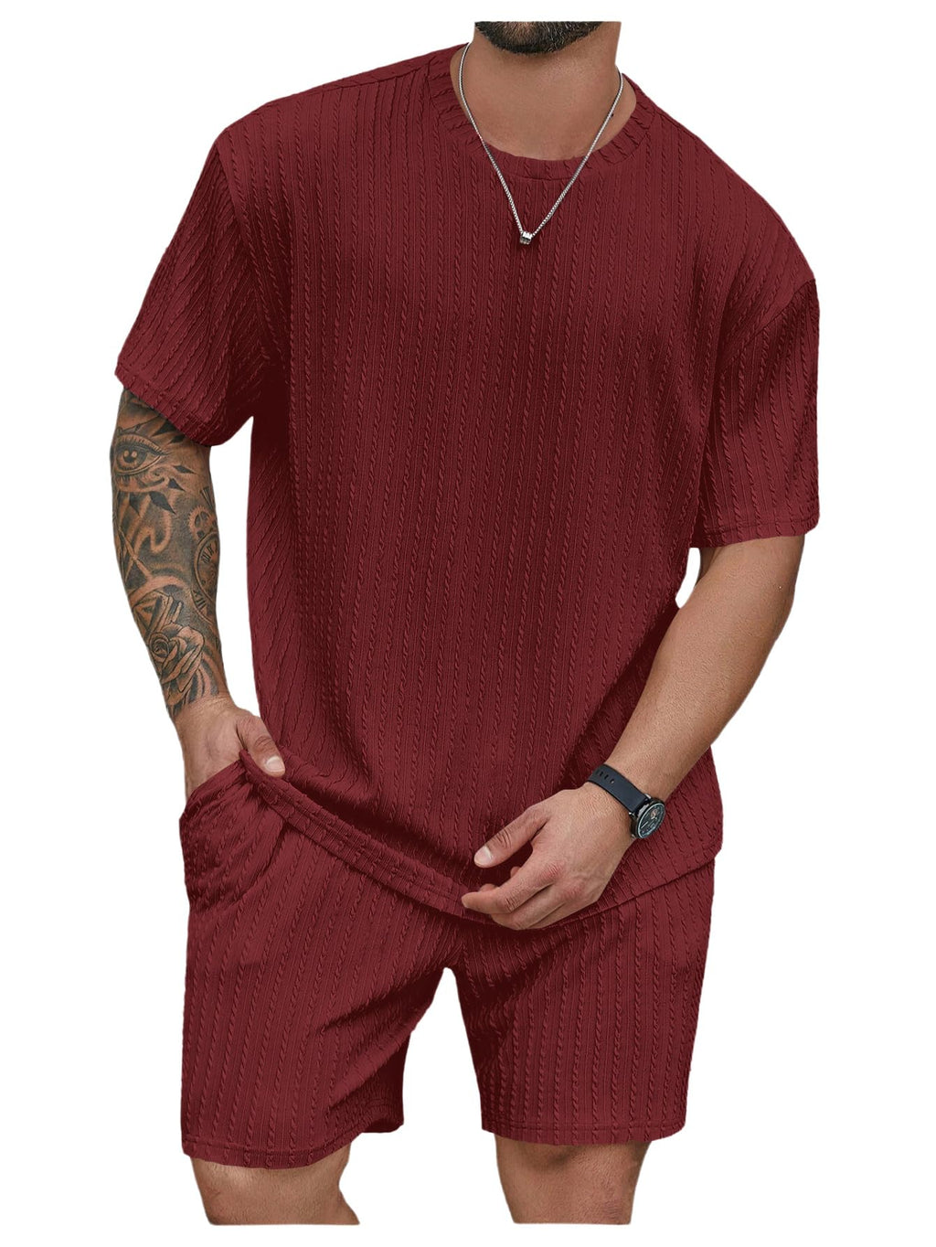 RoseSeek Men's Big and Tall 2 Piece Summer Outfits Textured Drop Shoulder T Shirt and Short Sets Tracksuit