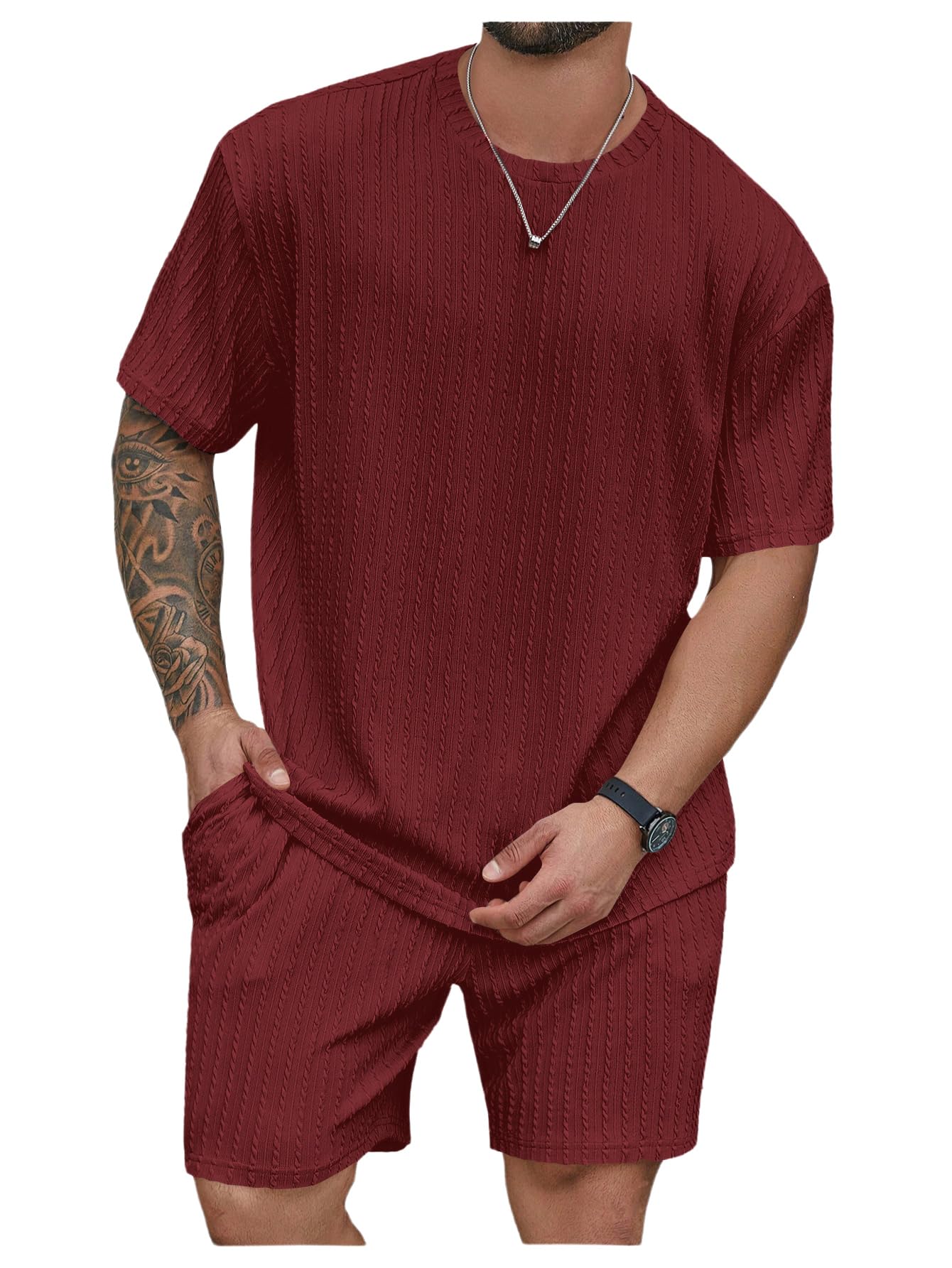 RoseSeek Men's Big and Tall 2 Piece Summer Outfits Textured Drop Shoulder T Shirt and Short Sets Tracksuit