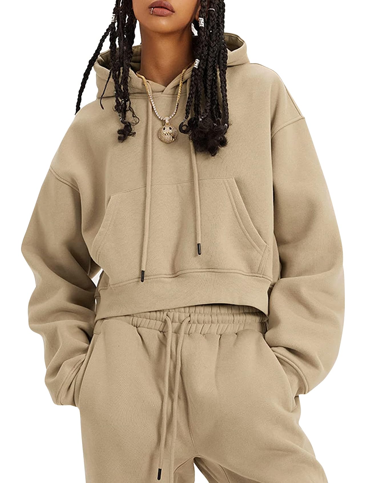 Flygo Womens Fleece 2 Piece Outfits Sweatsuit Crop Pullover Sweatshirt Joggers Pants Tracksuit Set