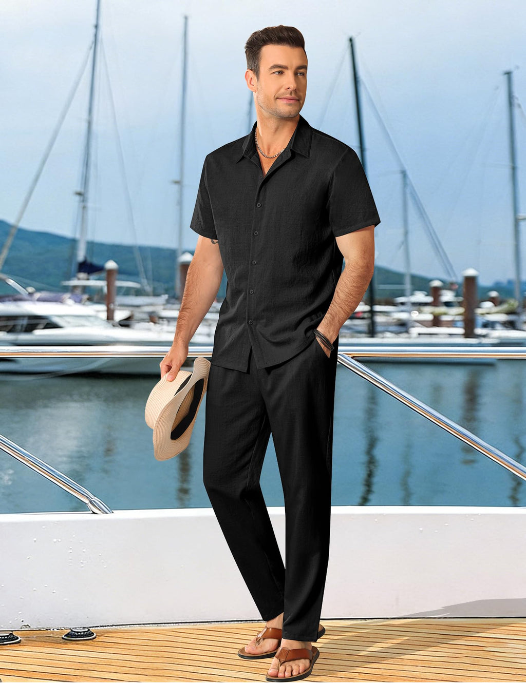 LecGee Mens 2 Piece Texture Outfit Casual Short Sleeve Button Down Shirt and Long Pants Linen Vacation Beach Sets