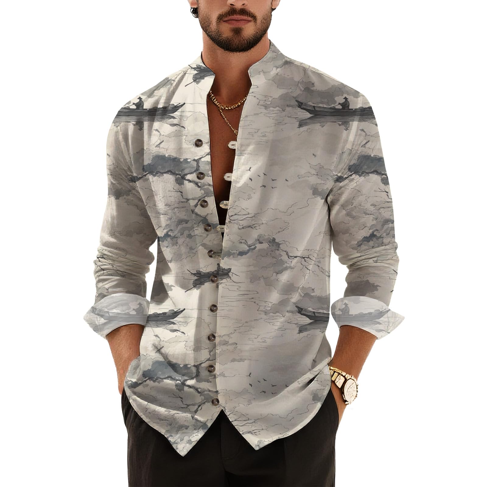 DMOYALA Men’s Hawaiian Button Down Shirts 2025 Fall Casual Long Sleeve Shirts Baggy Henley Neck Beach Vacation Outfits