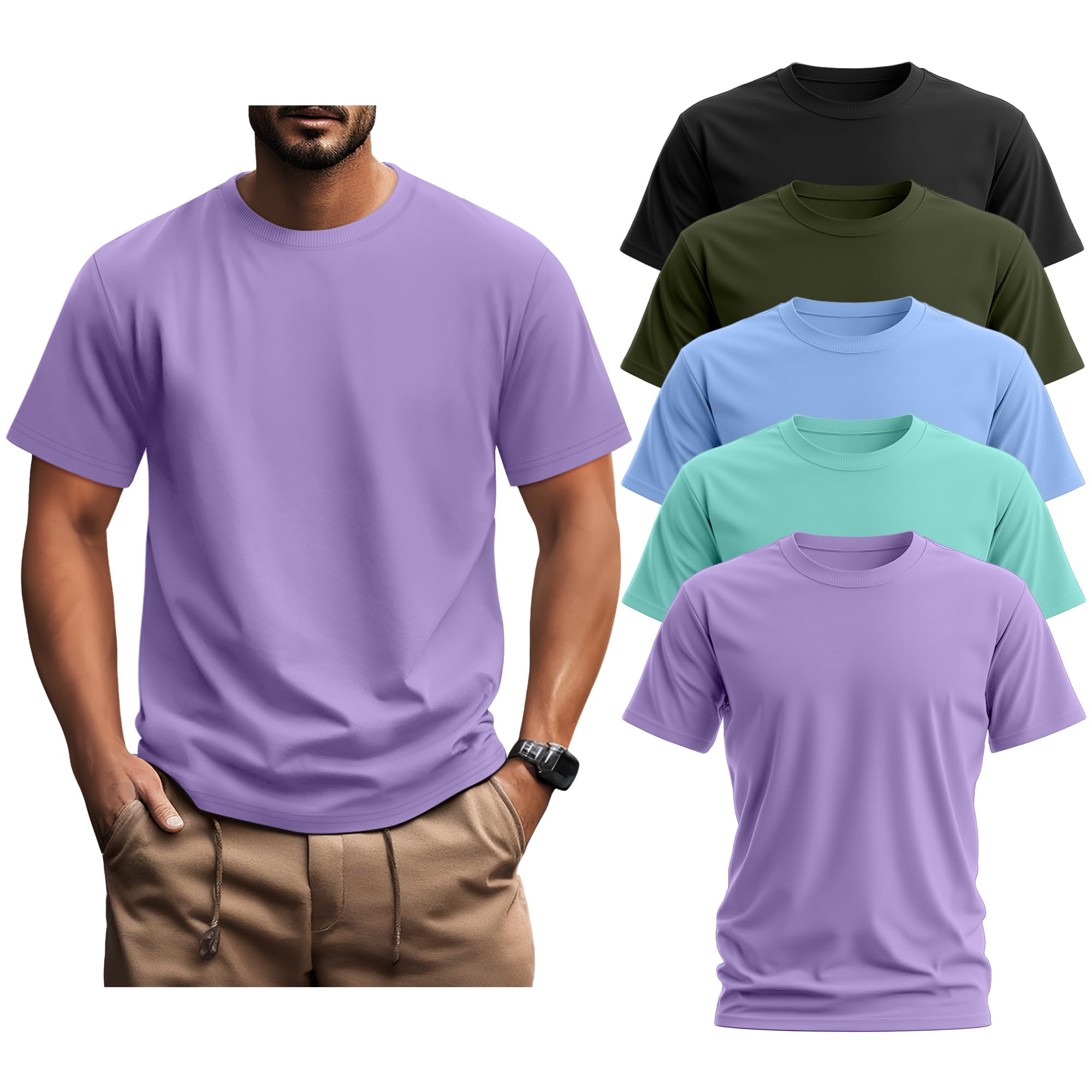 Ficerd 5 Pack Men's Big and Tall Shirts Short Sleeve Cotton Tee Summer Crew Neck Oversize Top Loose Fit Shirt Multipack