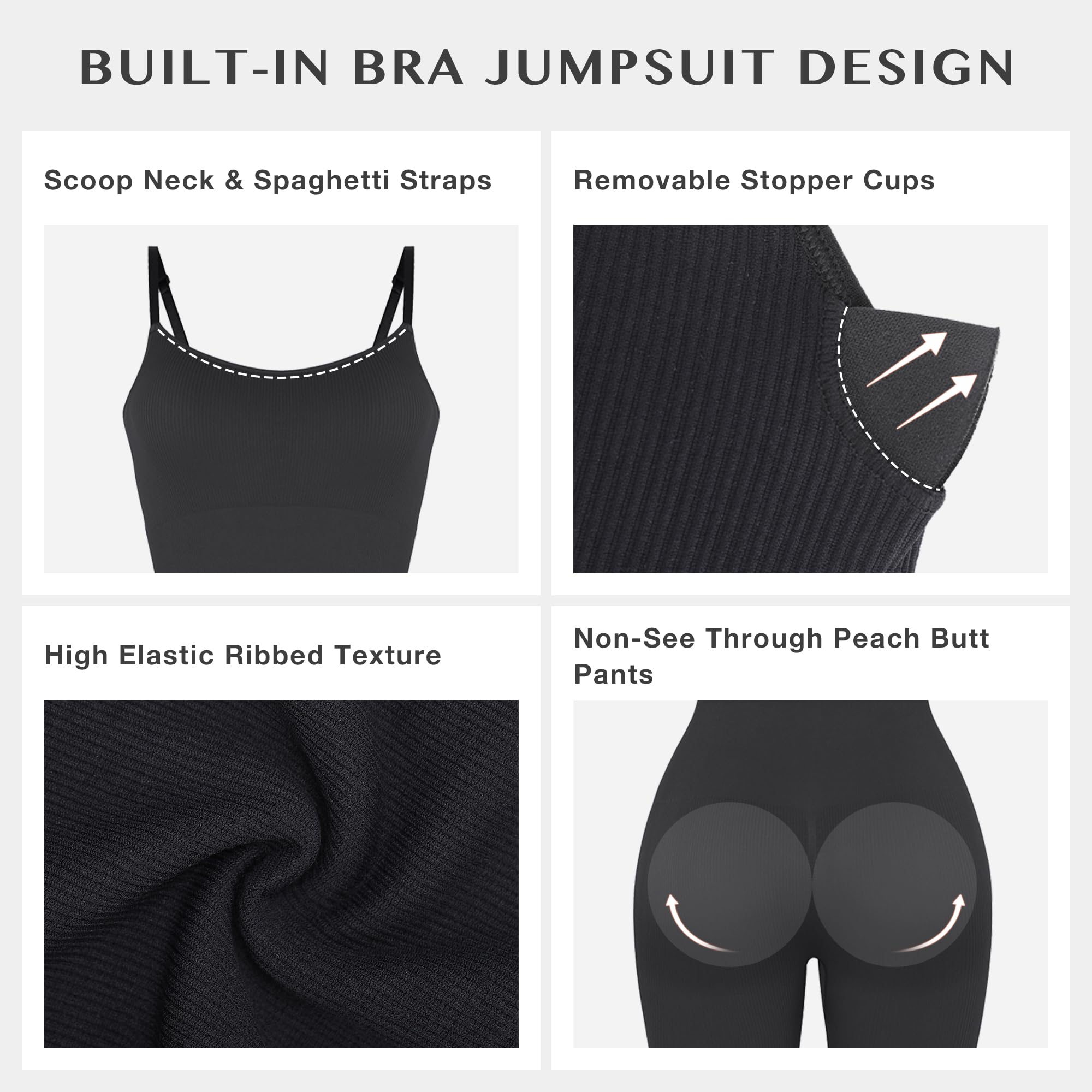 FeelinGirl Plus Size Tummy Control Jumpsuits for One Piece Ribbed Fabric With Stretch Women Workout Romper Seamless